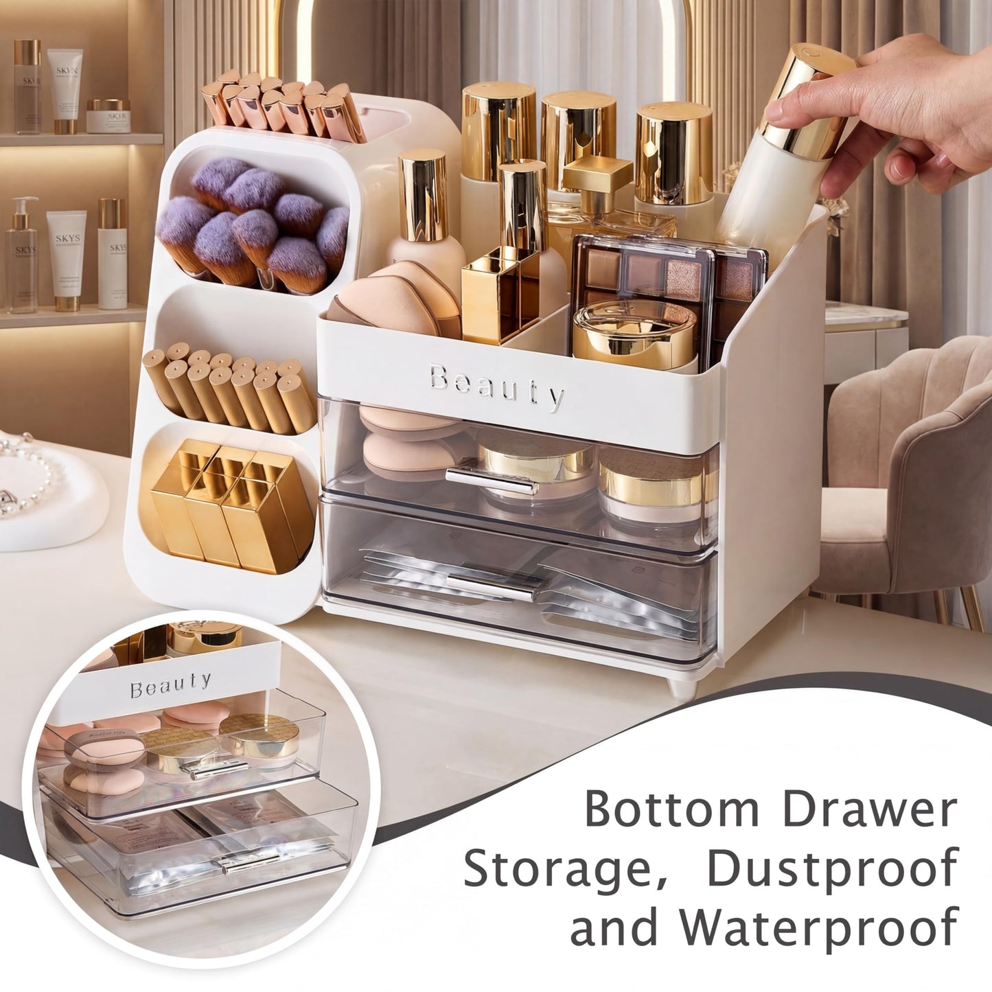 SYFIS Makeup Organizer for Vanity with Brush Holder, Countertop Makeup organizer with Drawers for Skincare, Cosmetics, Perfumes, Eyeshadow Palettes, Spacious Cosmetic storage organizer