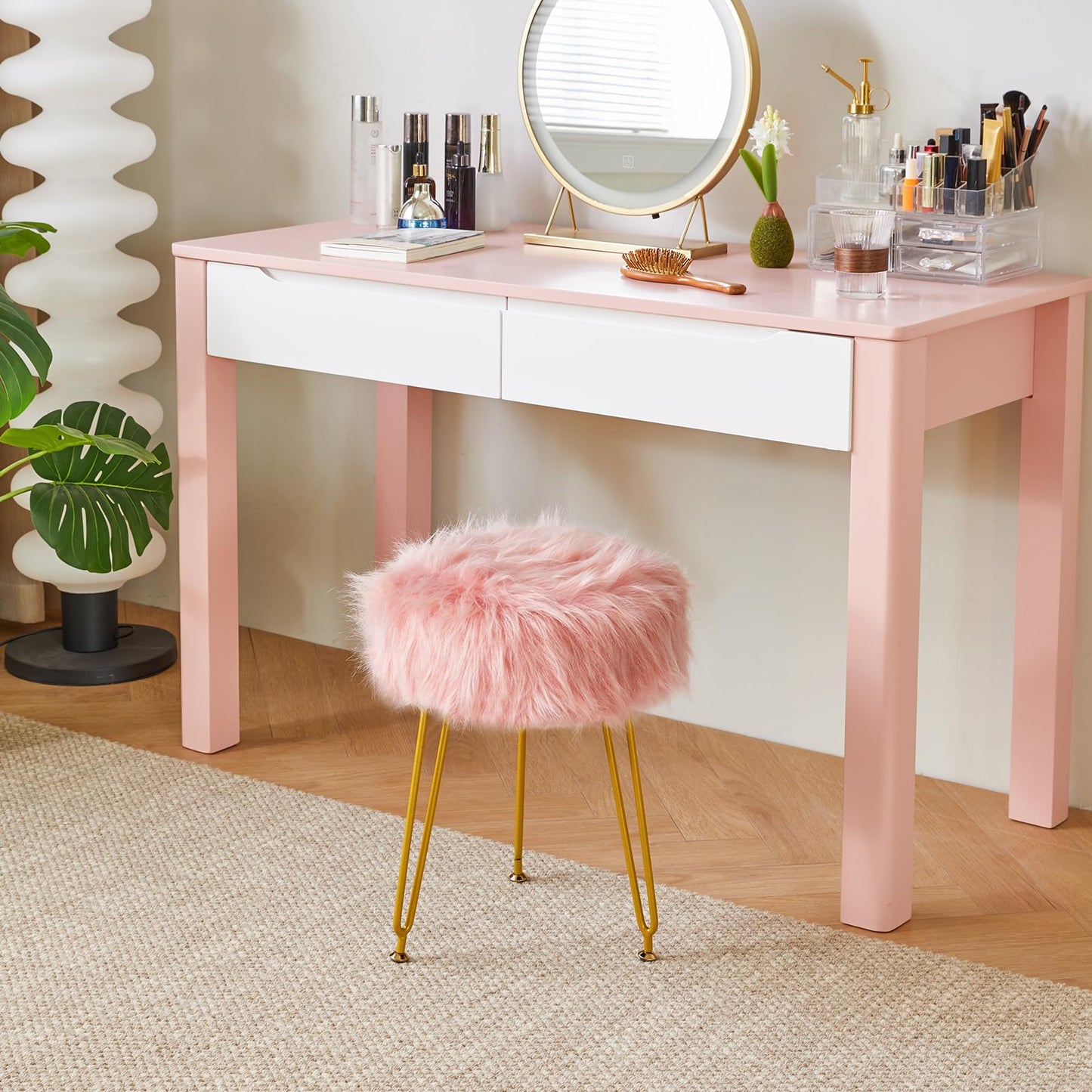 IBUYKE Faux Fur Vanity Stool Chair, Furry Makeup Stool Ottoman, Soft Padded Seat, Round Footrest Footstools with 4 Metal Legs, for Living Room Bedroom Entryway, Pink LG-32P