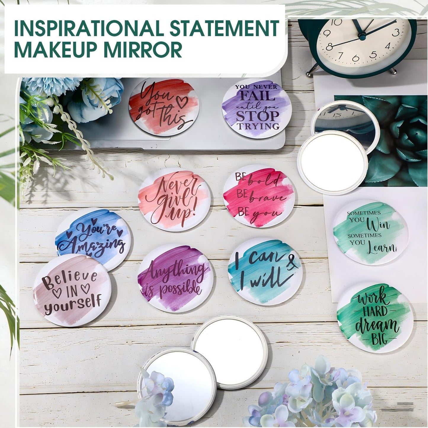 Kigley 30 Pcs Inspirational Compact Mirrors Bulk for Women Employee Appreciation Gifts Round Portable Pocket Mirror Makeup Glass Mini Mirrors Thank You Gifts for Women Teacher Employee Staff