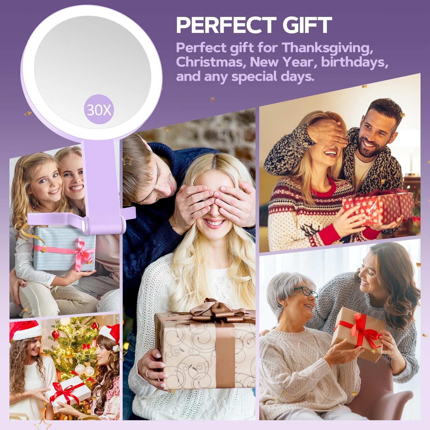 MIYADIVA Lighted Makeup Mirror, 30X Magnifying Mirror with Light, Hanging and Handheld Mirror with Handle, Purple