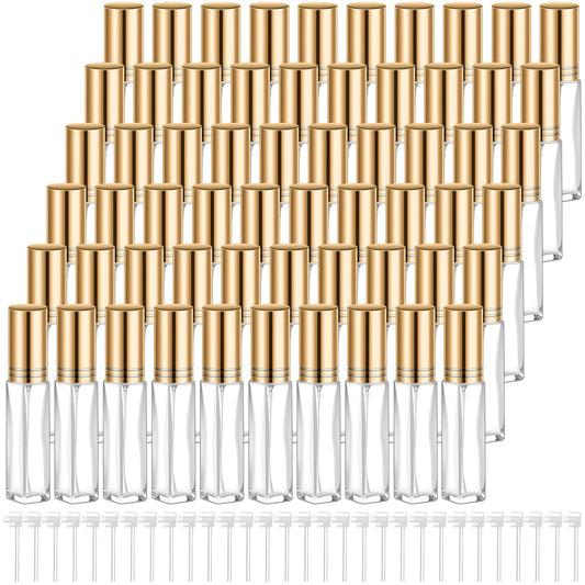 Domensi 60 Pcs 8 ml Empty Glass Perfume Bottles Bulk - Gold Refillable Cologne Spray Atomizer with Pump, for Travel, Skincare, Haircare, Cleaning & DIY Essentials