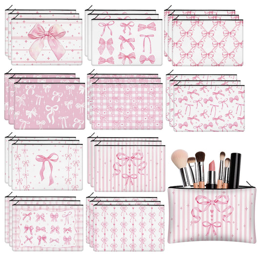 KOPOOEOE 30 Pcs Pink Bow Makeup Bags Coquette Cosmetic Zipper Pouches with Elegant Pink Bow Makeup Bag Bulk Canvas Cosmetic Travel Toiletry Pouch for Women Bridesmaids Wedding Favors