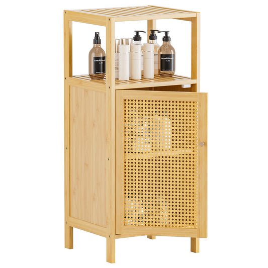 HITNET Bathroom Storage Cabinet Rattan, Small Bamboo Floor Cabinet with Single Door and Open Shelf, Freestanding Narrow Cupboard for Living Room, Kitchen, Entryway, Natural