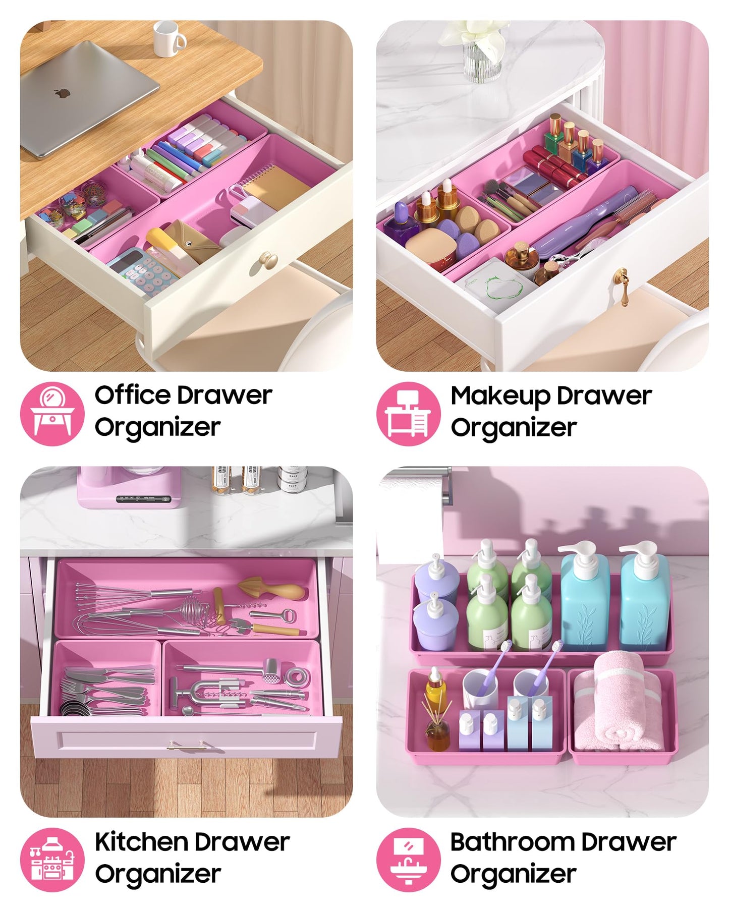 MLIKLU 10 Pack Large Size Plastic Drawer Organizers Set, 3 Sizes Desk Drawer Organizer Trays, Storage Bins for Vanity, Makeup, Bathroom, Kitchen Utensils and Office (Pink)