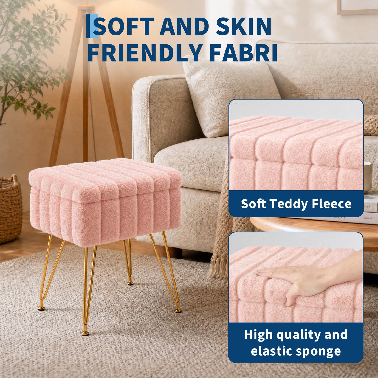 Garvee Vanity Stool with Storage, Faux Fur Ottoman with Metal Legs and Anti-Slip Feet, 15.7 x 11.8 x 18.7 Inches Soft Furry Padded Seat Foot Rest for Makeup Bedroom Living Room