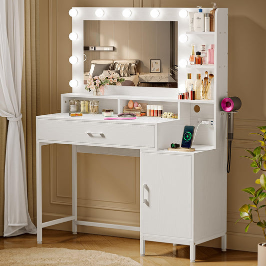 Driftalia Vanity Desk with Mirror and Lights, Makeup Vanity with Storage Drawer, Power Outlet and Large Cabinet for Bedroom - White