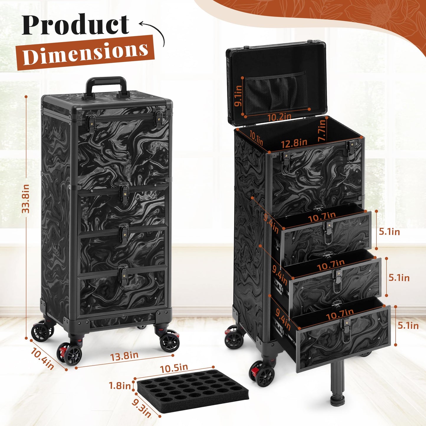 JINGUAN Rolling Makeup Train Case with 3 Drawers, Nail Trolley Cart Salon Station Cosmetology Case on Wheels Organizer Cases for Nail Tech,SPA,Face Painting,Hairstylist,Makeup Artist (Ink Black)