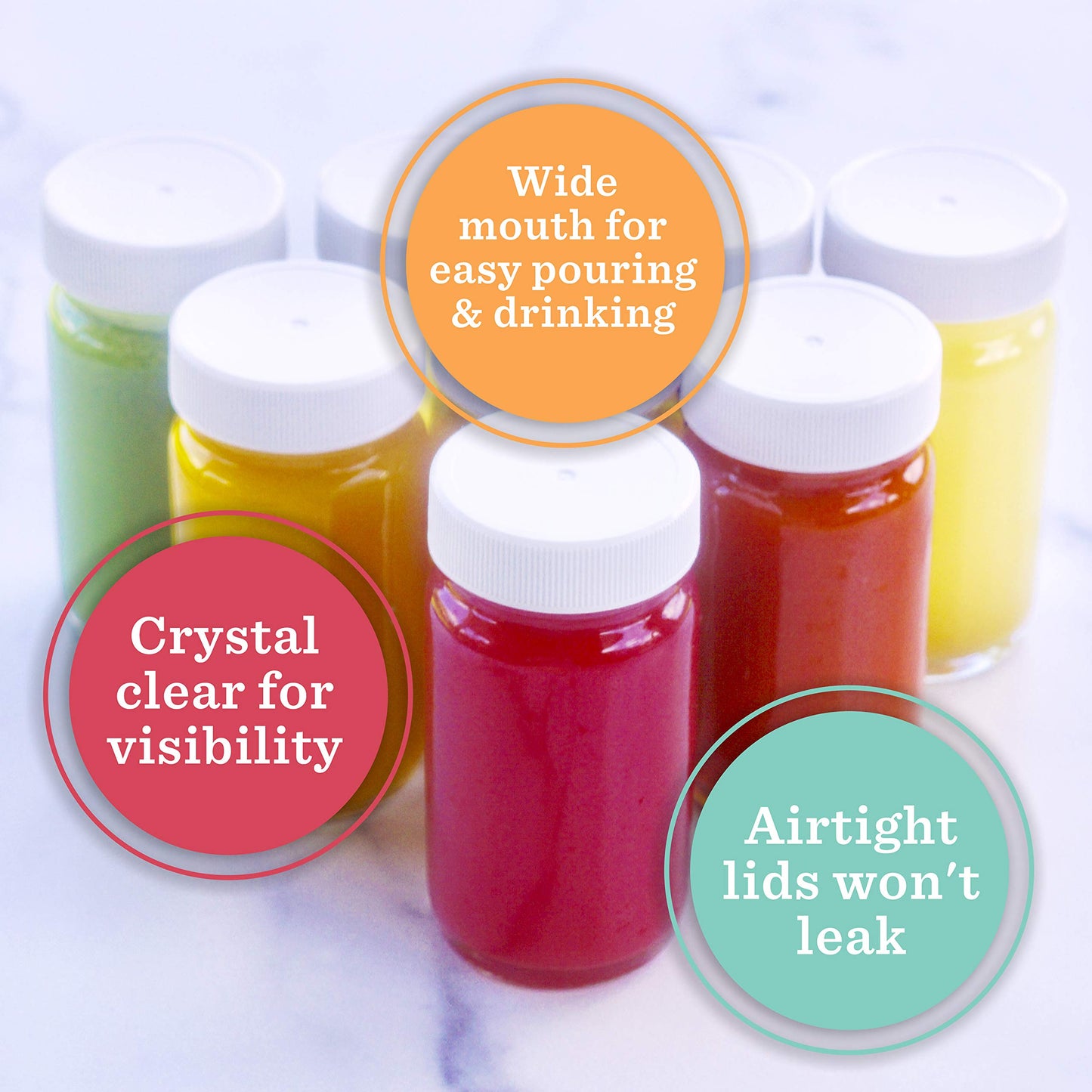 2oz Juice Shot Bottles with Caps - Wide Mouth for Juicing, Beverage Storage, Liquids, Clear Small Glass Bottles with White Caps, Reusable Ginger Shots Bottles, Leak Proof, Jars (8 pack)