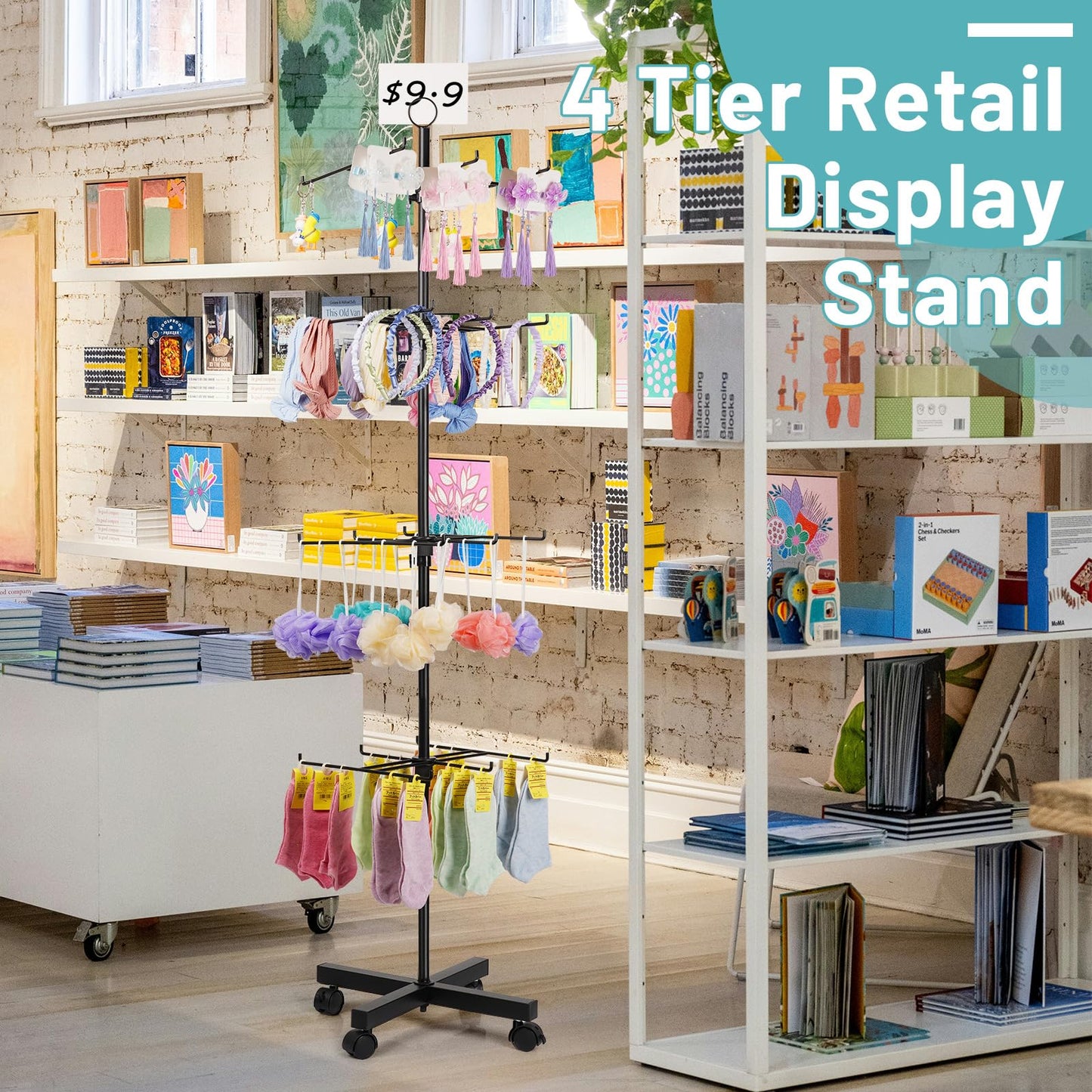 Flenpptly Retail Display Stand Rotating Display Stand 4 Tier Spinning Display Stand for Craft Shows, Jewelry, Keychain, Earring Adjustable Height Retail Display Racks (Black)