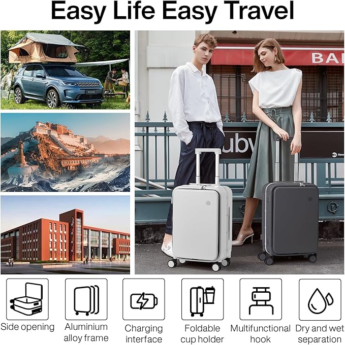 mixi 2-Piece Luggage Sets with Cup Phone Holder and Charger Hard Shell Suitcases with Spinner Wheels, 20+26 Rock Gray