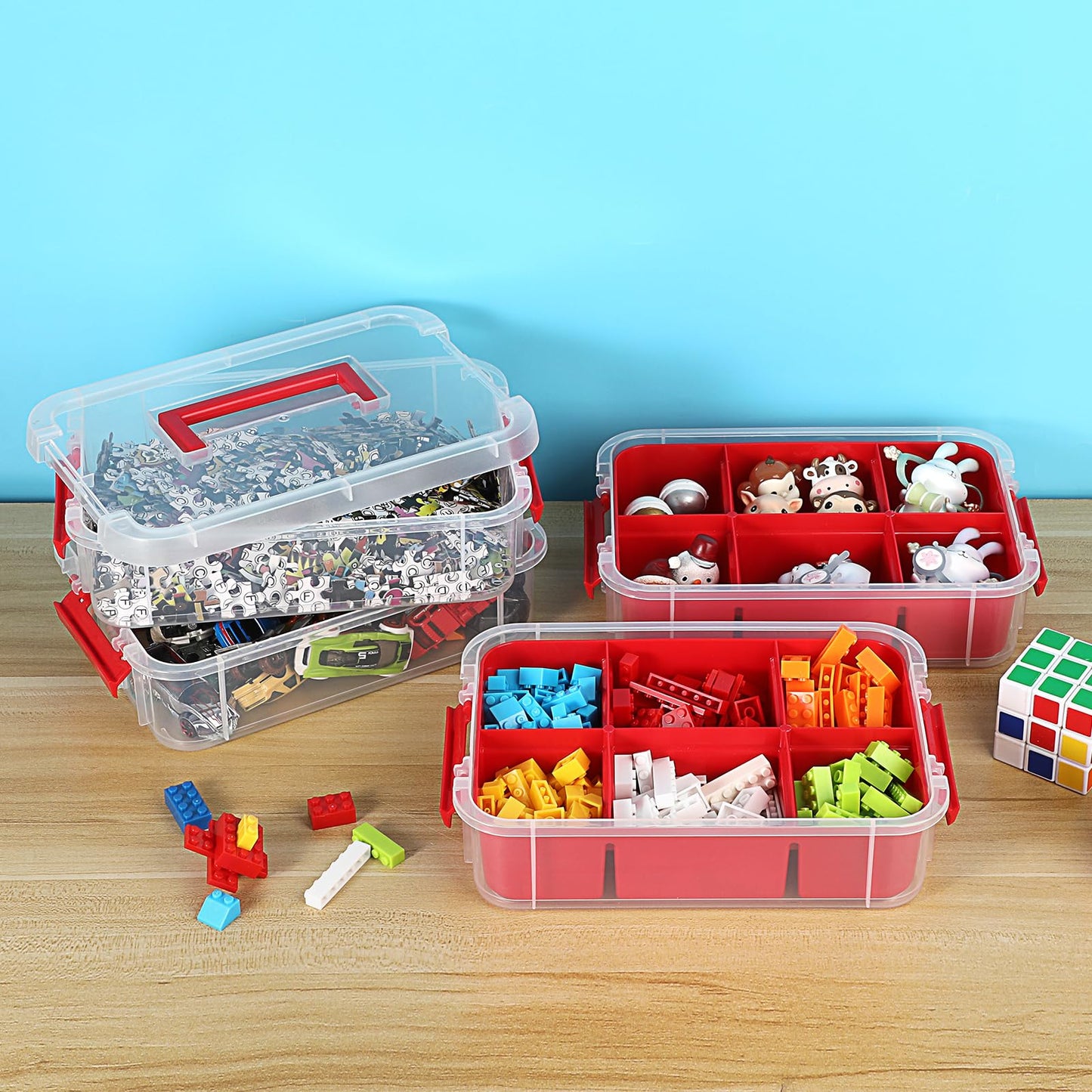 JUXYES 4-Tiers Stack Carry Storage Box With 2 Divided Tray, Transparent Stackable Storage Bin With Handle Lid Latching Storage Container for School & Office Supplies, Red