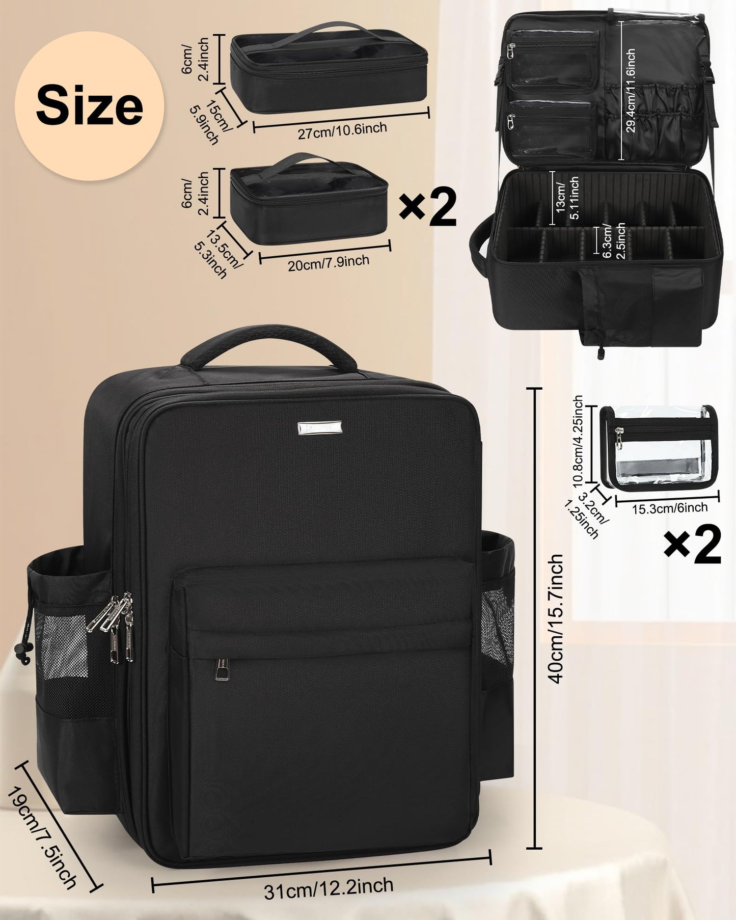 Relavel Makeup Backpack, Extra Large Makeup Bag with 5 Removable Pouches, Professional Makeup Artist Kit Travel Train Case Cosmetic Organizer Box for Nail Polish, Hair Tools, Barber Supplies, Black