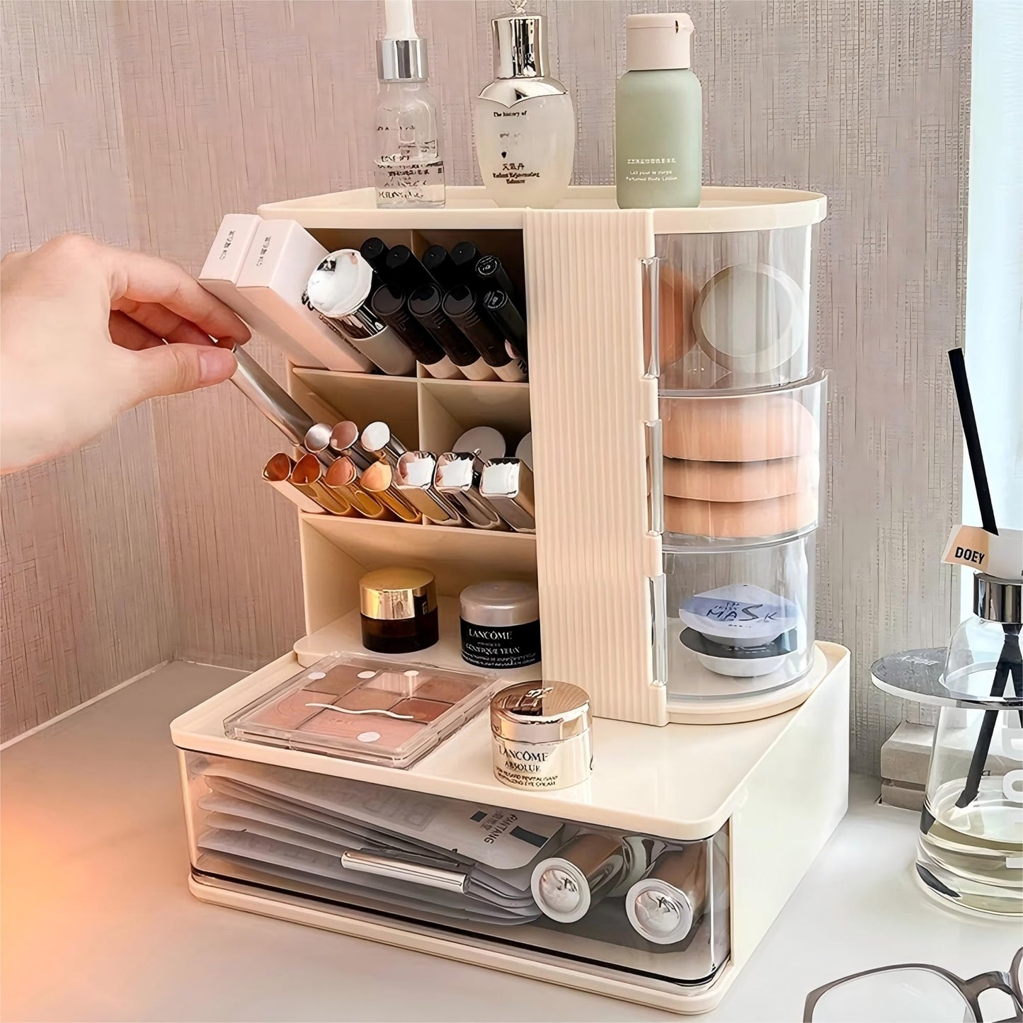 AevumTech Makeup Organizer with 3 Rotating & Dustproof Drawers, Large Capacity Cosmetic Storage Box with Makeup Brush Holder, Make up Organizers for Vanity, Dresser, Bathroom (White)