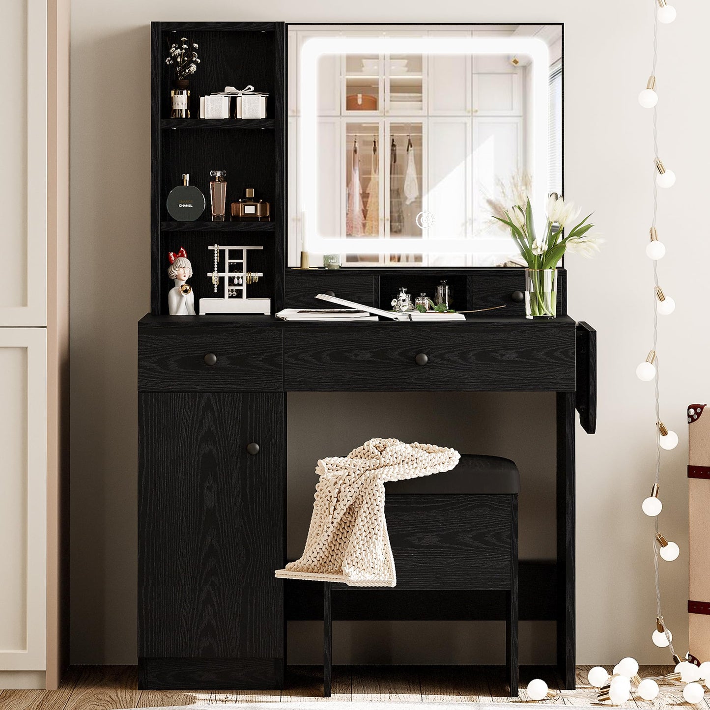 LIKIMIO Vanity Desk with Drawers & LED Lighted Mirror & Power Outlet & Cabinet, Storage Stool, Stylish Bedroom Makeup Table Set, Modern Black