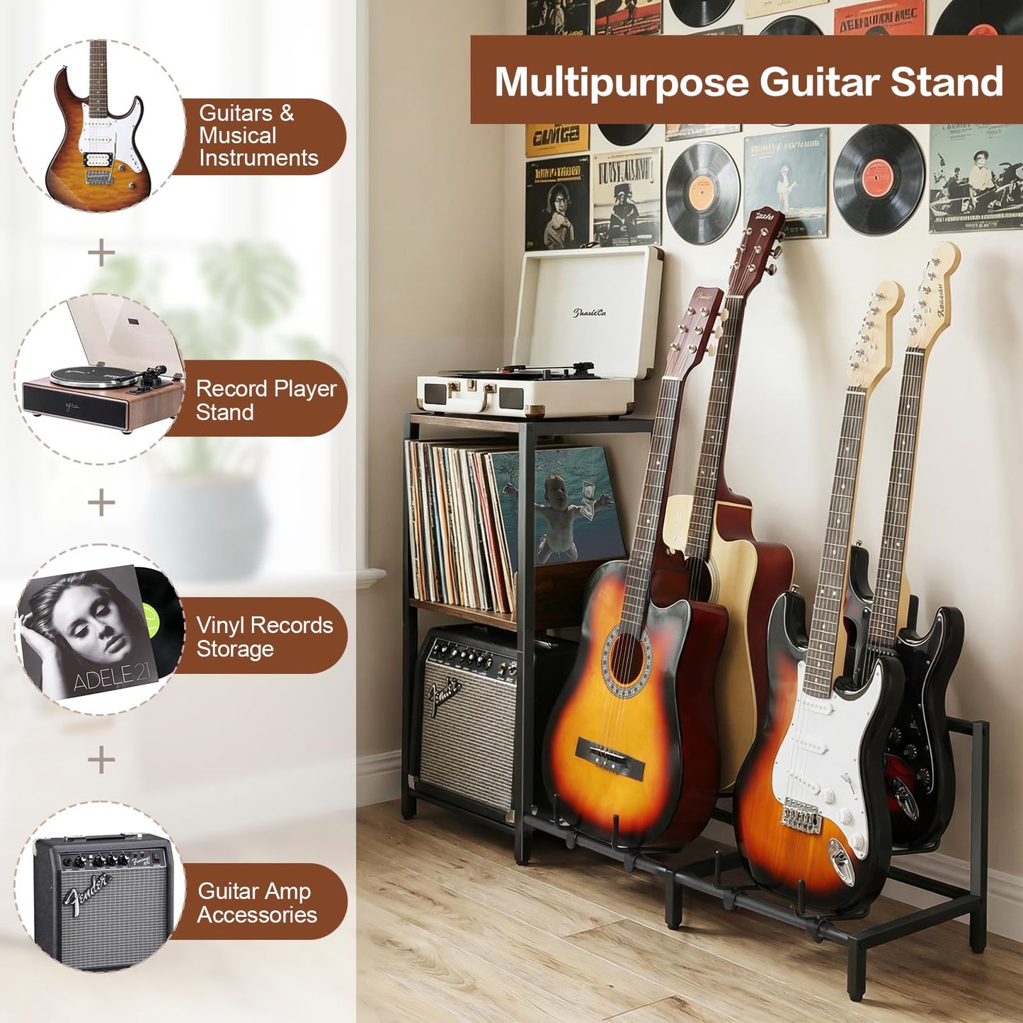 Bikoney Guitar Stand for 4 Guitars - Acoustic, Electric, Bass & Ukulele Floor Rack with 2 Wood Shelves for Amp Holder, Vinyl Records & Media Storage - Adjustable Multi Guitar Display Stand for Music Studio Home (Patent)