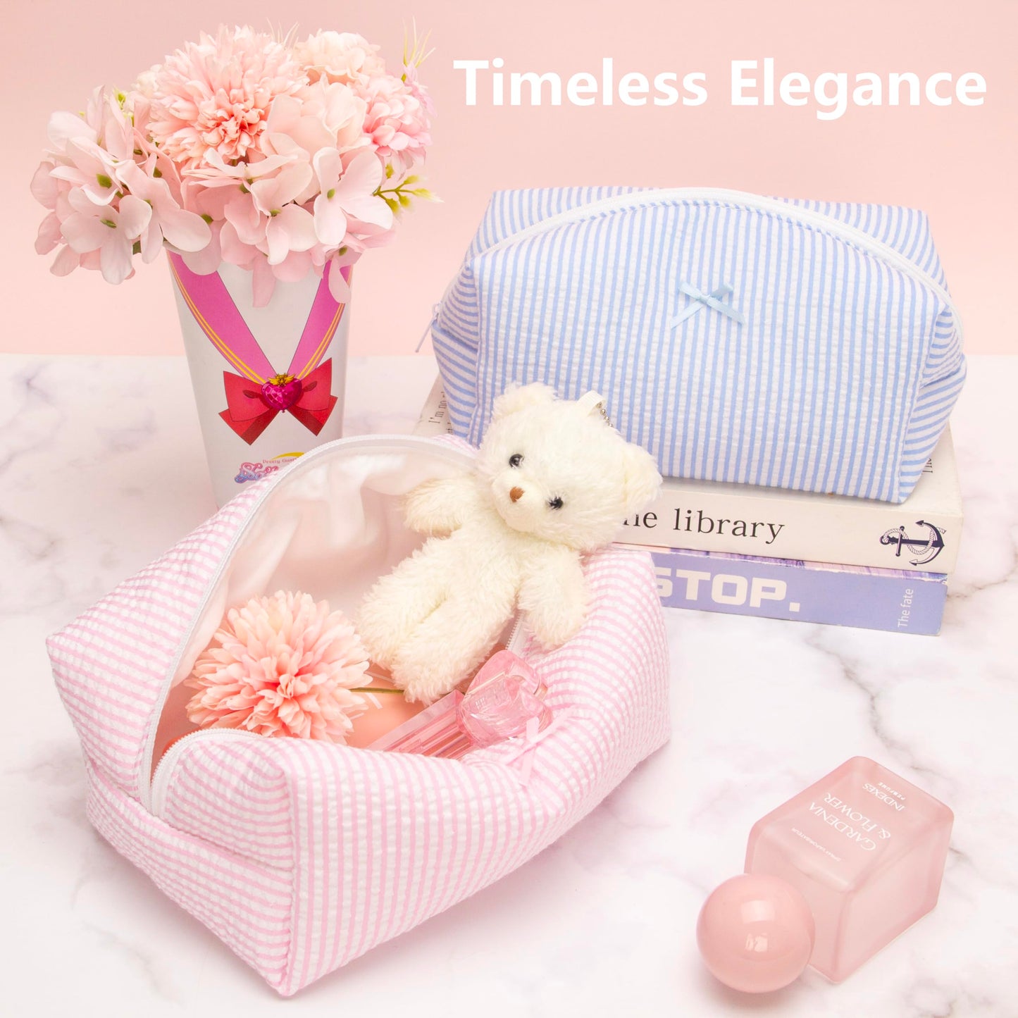 PAZIMIIK 6PCS Cozy Makeup Bag SET Travel Cosmetic Bag for Women Soft Toiletry Bag Aesthetic Makeup Organizer Portable Large Zipper Pouch for Skincare Beauty Accessories Brushes Stripe Pink