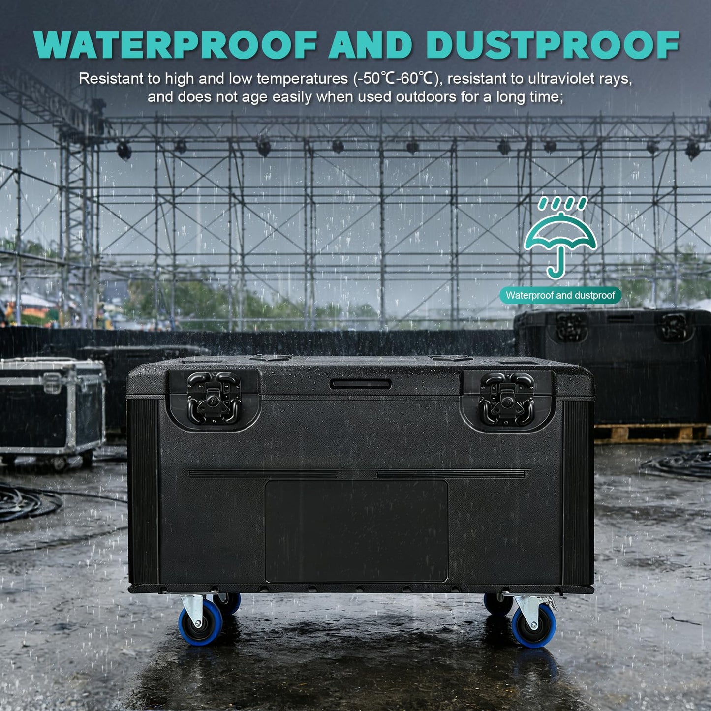 44" Heavy Duty ATA Rolling Cable Trunk Case, Stackable Road Case with IP55 & TPR Wheels, Reinforced Corners, 1100lbs Load Capacity for Pro Audio/DJ Equipment, Touring Transport and Secure Storage