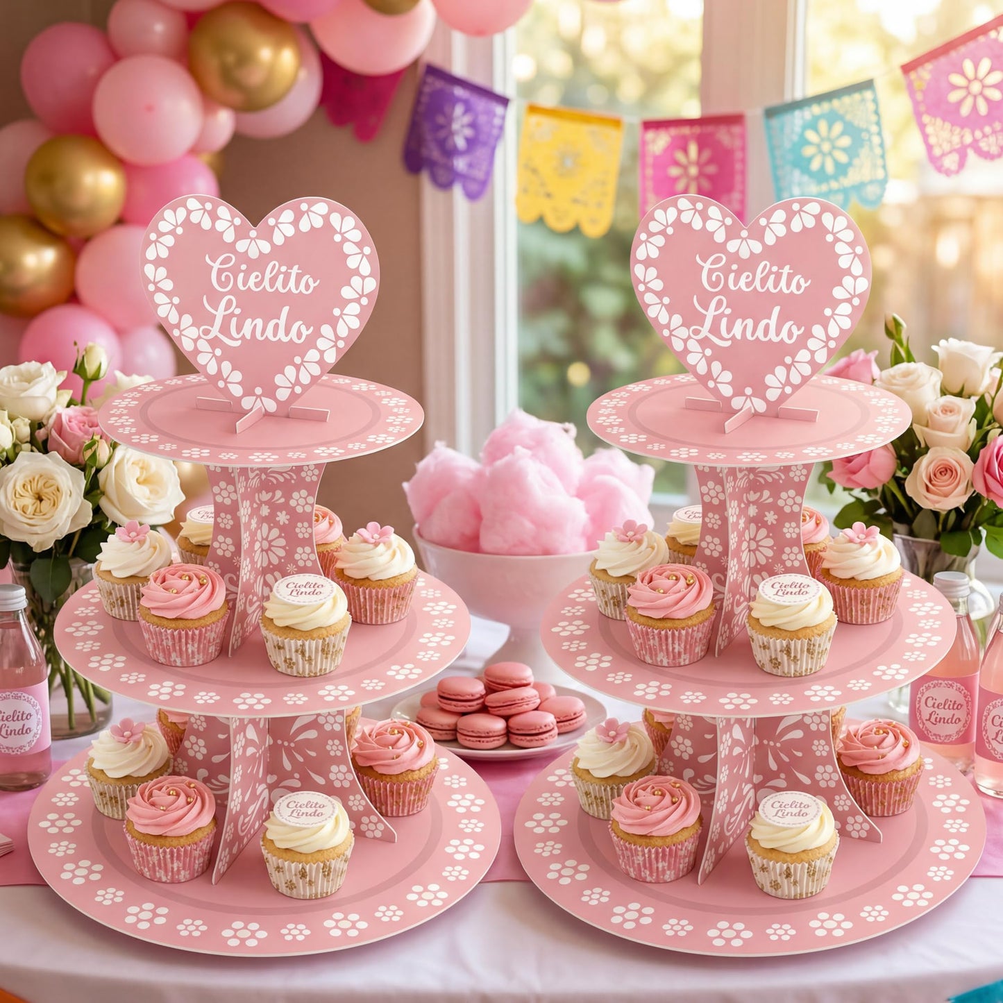 2PCS Pink Mexican Terracotta Cupcake Stand, 3 Tier Cupcake Dessert Tower