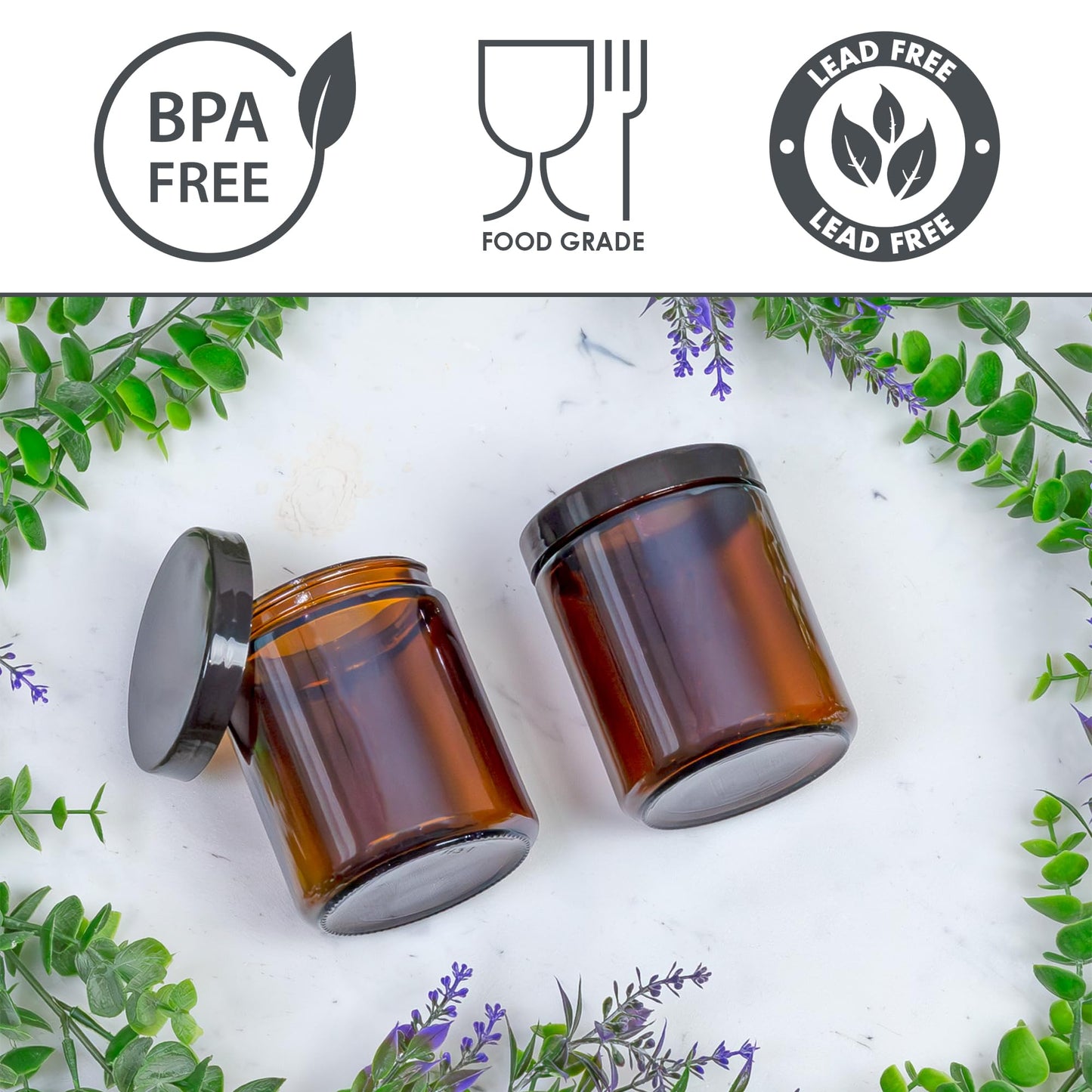 Cornucopia Brands 8oz / 9oz Amber Glass Jars (Pack of 6) Straight Sided Cosmetic Jars, Great for Body Butter, Creams, Stash Jars, Etc.