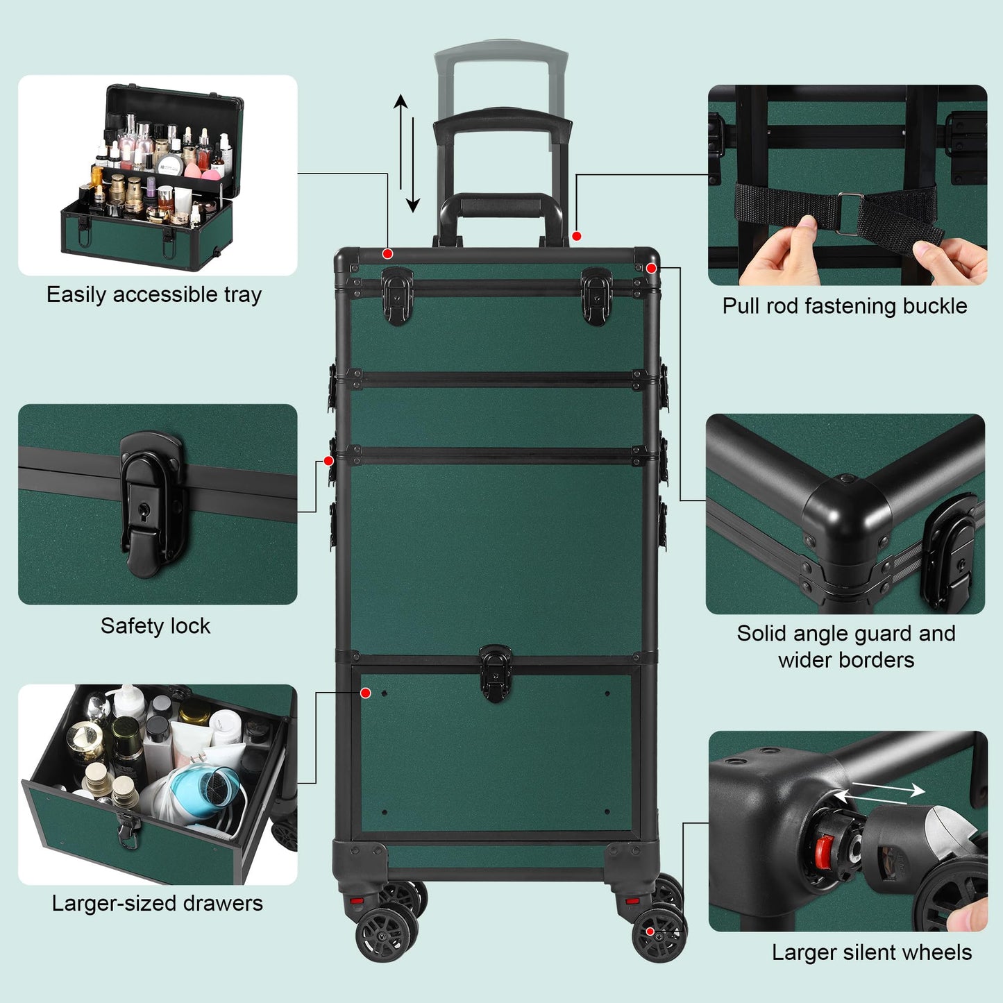 Somduy Makeup Train Case with LED Mirror, Rolling Makeup Case with Drawers, Cosmetology Case on Wheels, Gift, Travel Makeup Organizers, Profesional Cosmetic Case for Salon Barber,Nail,Tattoo,Green