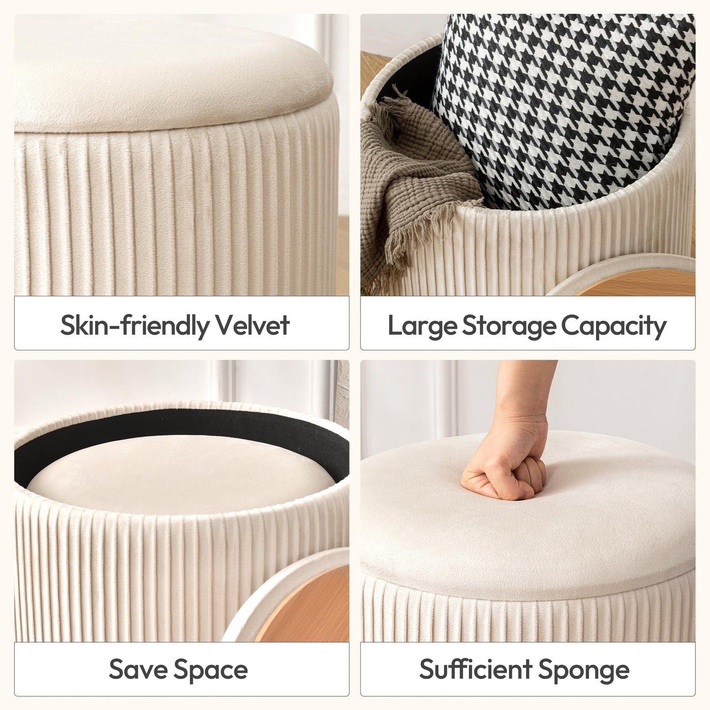 NicBex Round Ottoman with Storage Set of 2, Velvet Foot Stools, Multifunctional Upholstered Vanity Stool, Padded Storage Ottoman for Living Room & Bedroom, Beige
