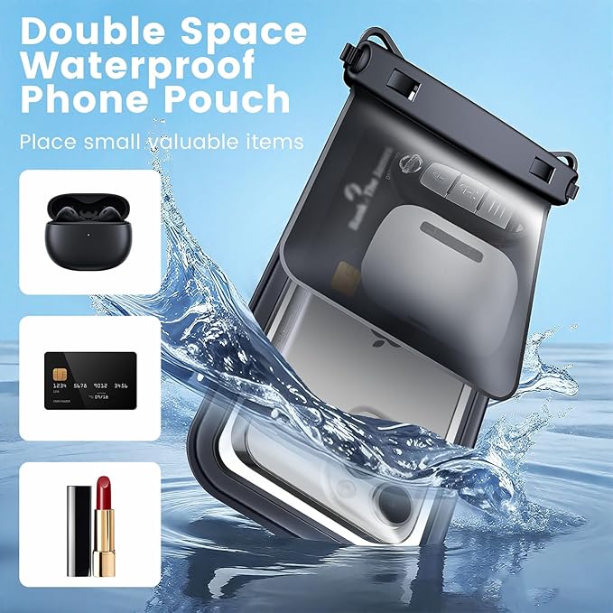 Waterproof Phone Pouch, [Up to 8.5''] Double Space Waterproof Phone Case with Lanyard for iPhone 17 16 15 Pro Max Galaxy S25 Ultra, Cellphone Dry Bag for Beach Vacation, 2 Pack (Black & Sky Blue)