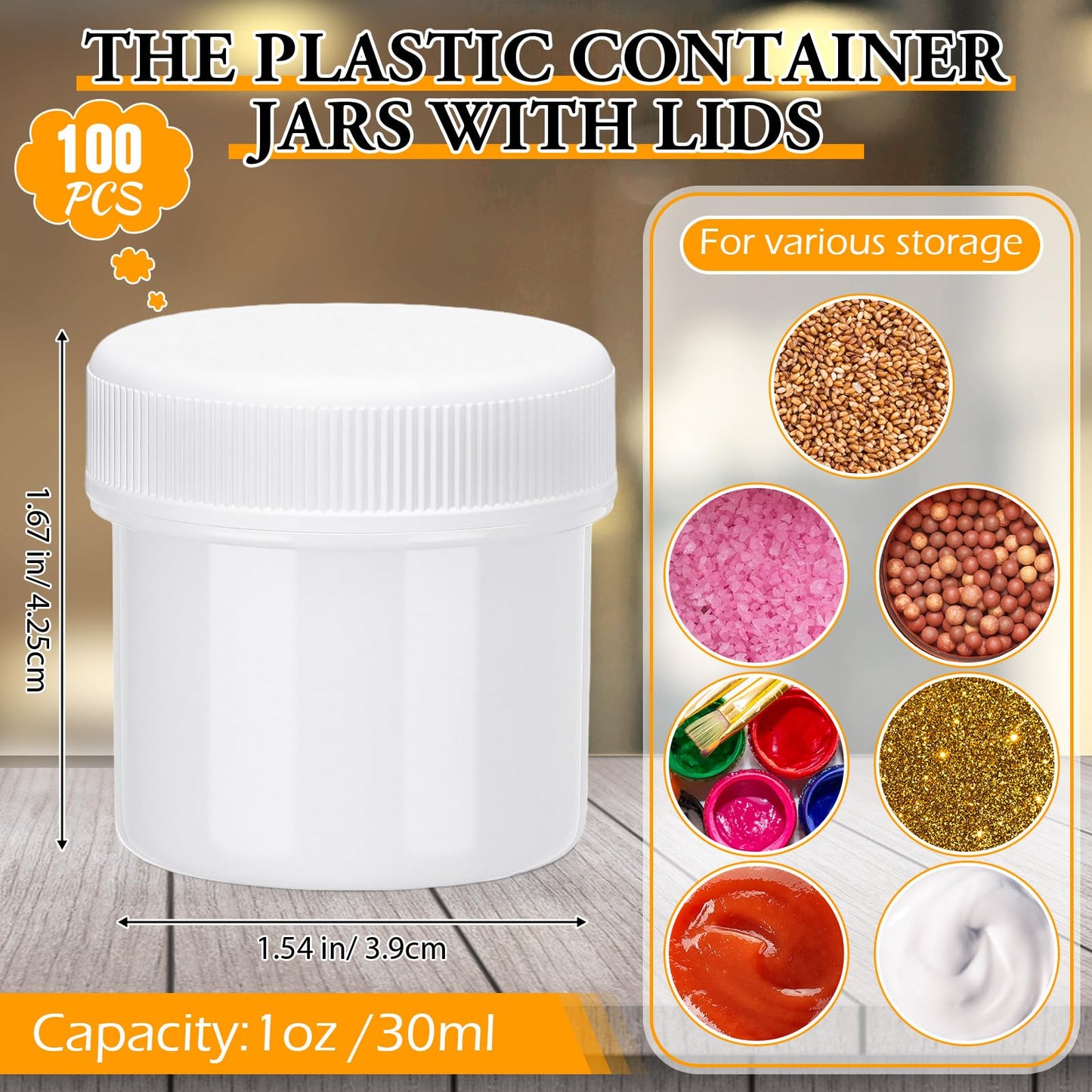 Meanplan 100 Pcs 1 oz Plastic Container Jars with Lids Round Leak Proof Refillable Small Cosmetic Jars for Lotion, Cream, Makeup, Eye Shadow, Rhinestone, Samples, Pot, Travel Storage(White)