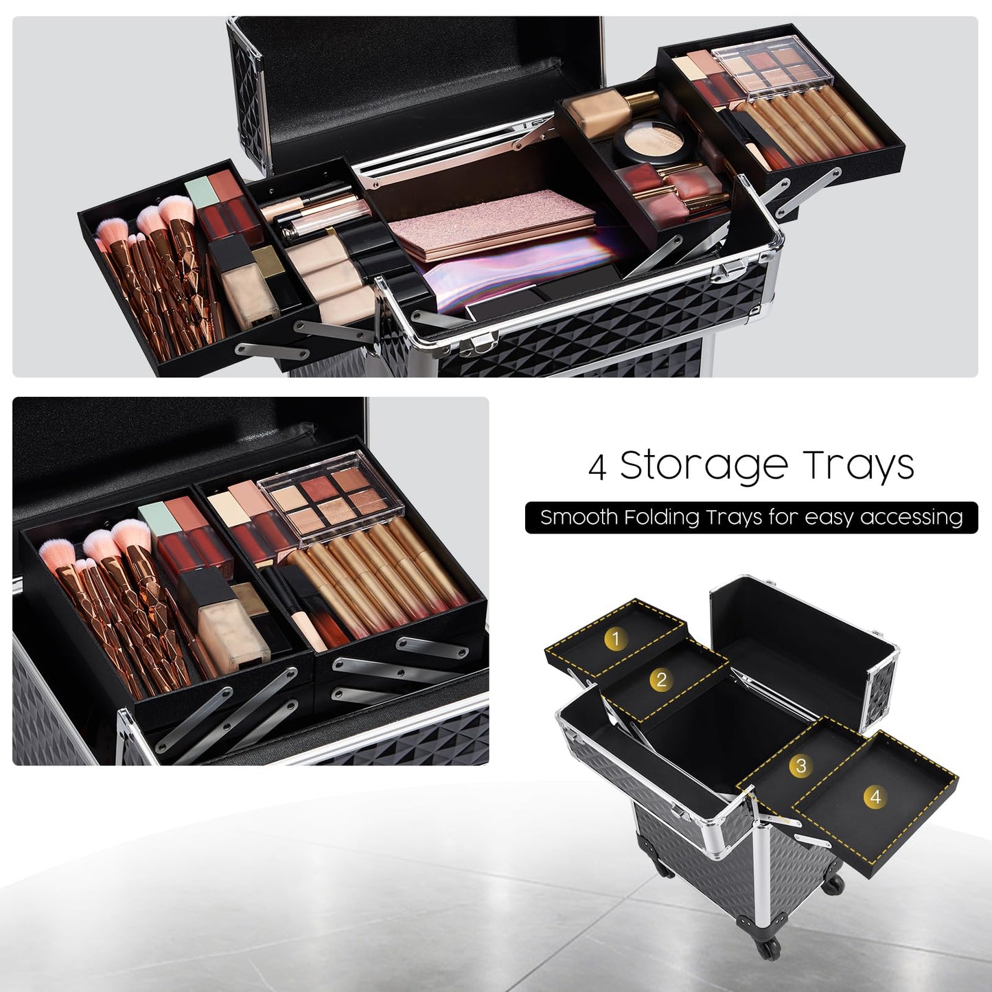 Mecucasi Rolling Makeup Train Case Large Cosmetic Trolley Organized Aluminum Barber Case for Hairstylist Makeup Nail Tech Salon with Keys Swivel Wheels Traveling Cart Trunk - Black