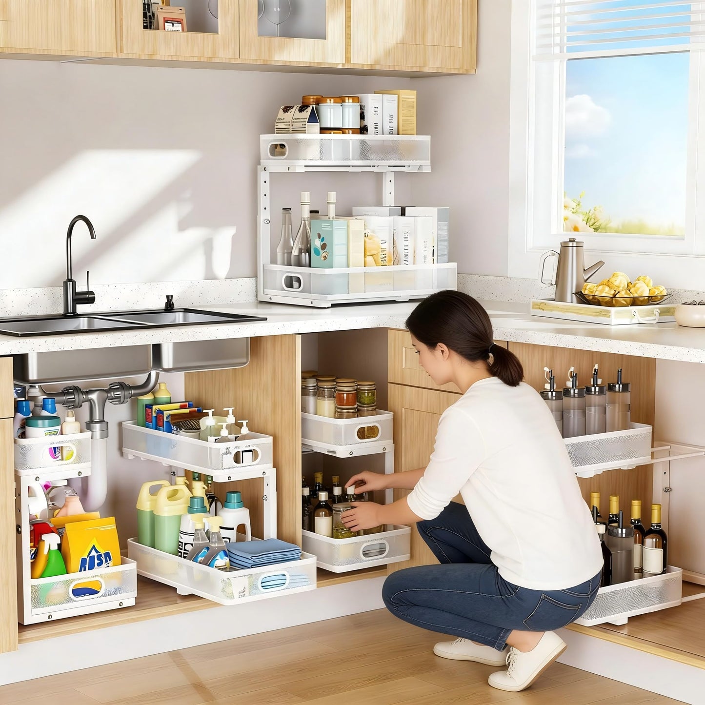 Dolesman Under Sink Organizer, High Adjustable 2 Tier Under Sink Organizers and Storage, Slide out Metal Cabinet Organizers, Pull out Storage Drawer Shelf for Kitchen Bathroom Cabinet (1, White)