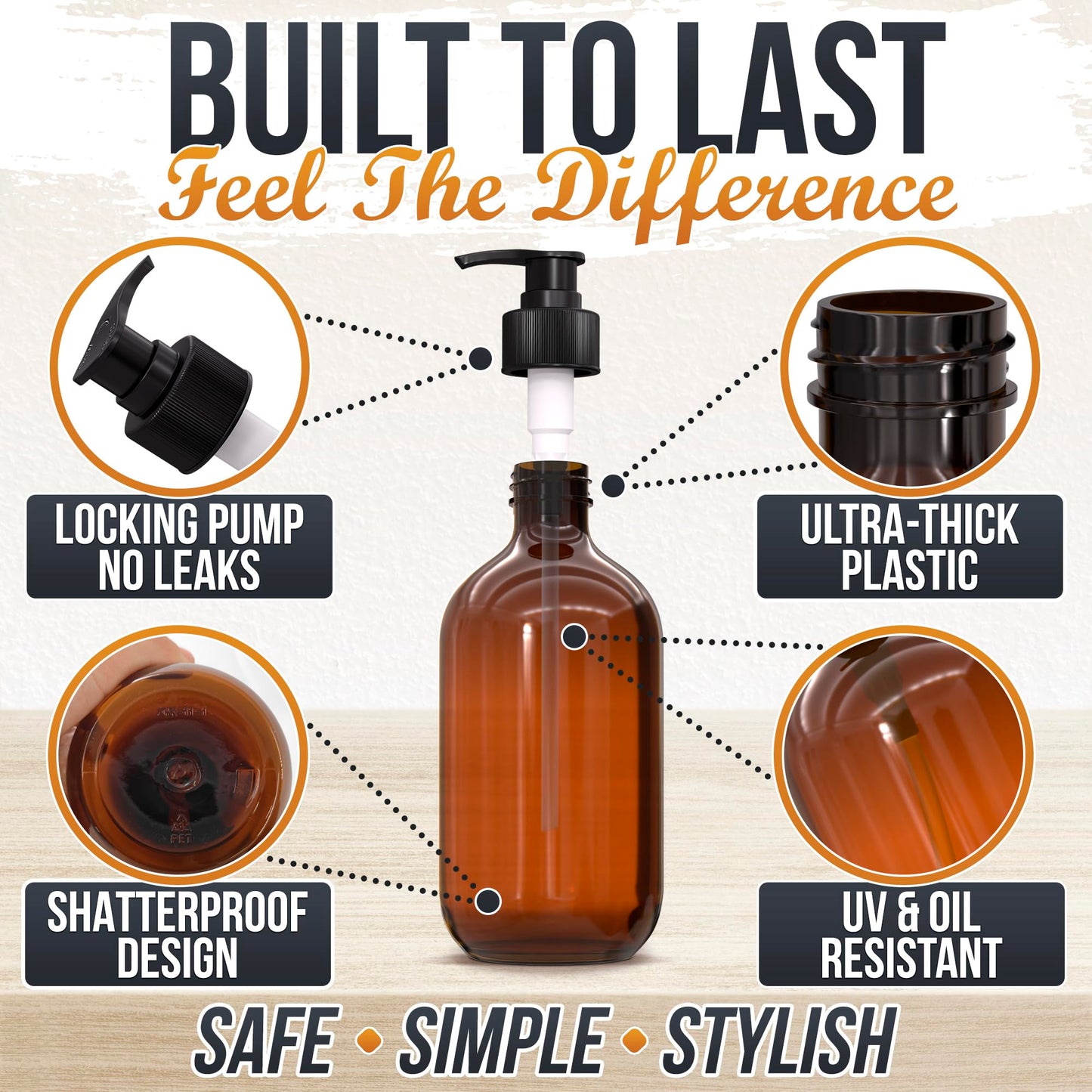 Plastic Amber Soap Dispenser with Pump Set of 3 – 16 oz Refillable Shampoo and Conditioner Bottles – Durable & Reusable for Hand Soap, Dish Soap, Lotion, Gel, Body Wash in Kitchen, Bathroom, Shower
