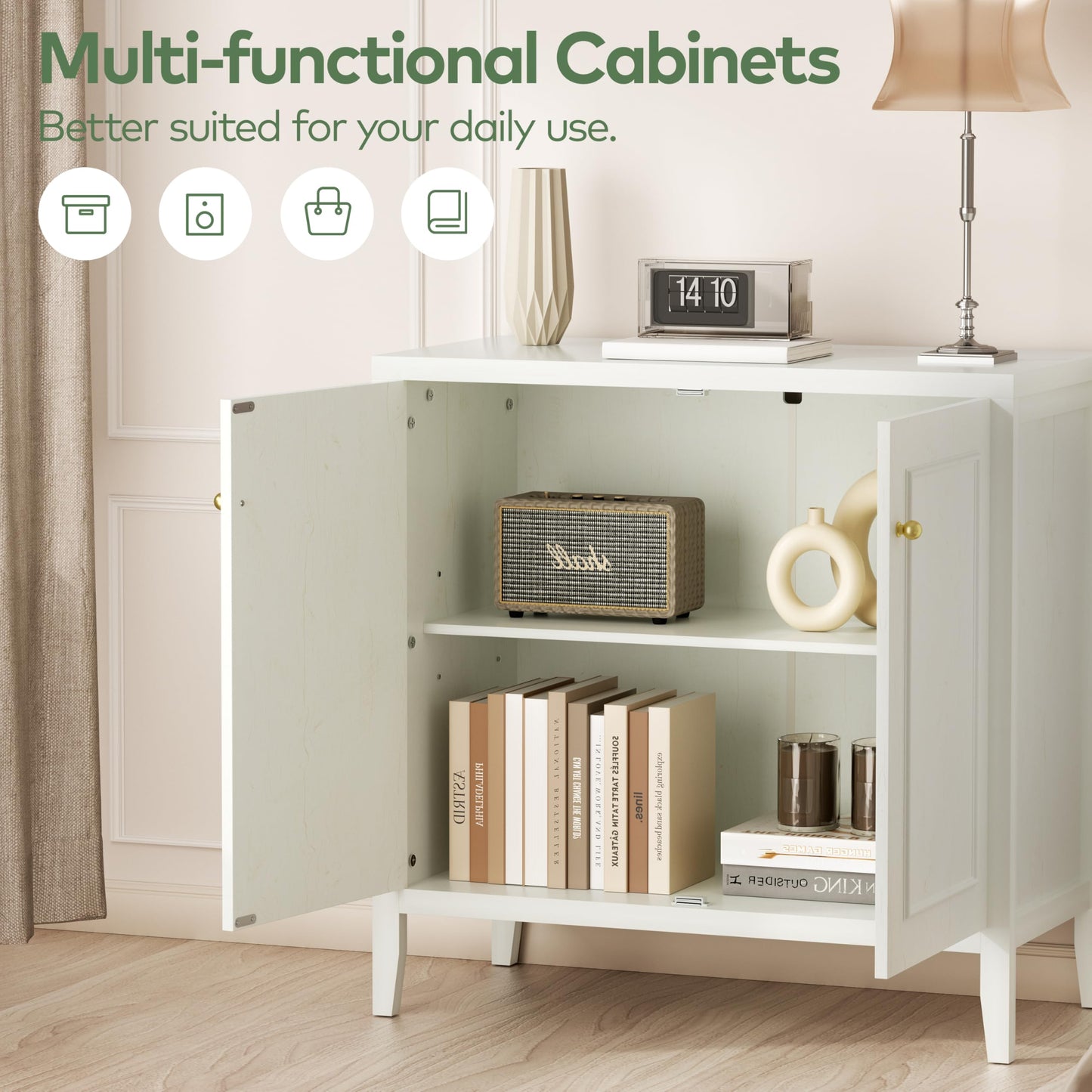 VDNEND Multifunctional Storage Cabinet, Modern 2 Doors Freestanding Cabinet Buffet Cabinet for Bathroom, Kitchen, Living Room, Office, Restaurant, Entryway Organizer (Antique White)