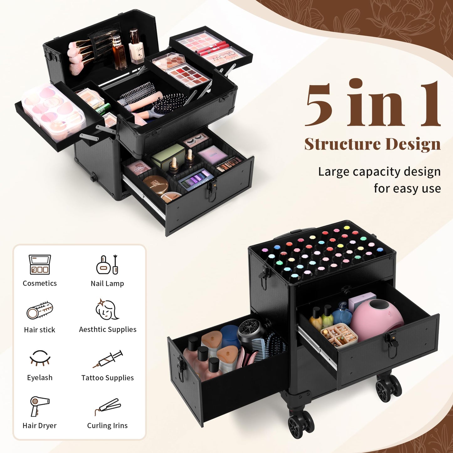 AROUS Rolling Makeup Case with 3 Drawers, Cosmetology Case on Wheels 5 IN 1 Makeup Train Case Make Up Organizer for Artist Salon Nail Teach Trunk,Black