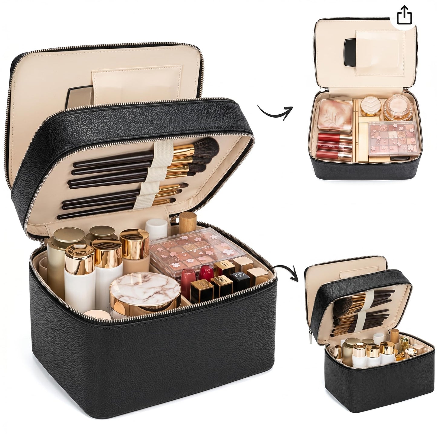 BAGOK Double Layer Makeup Vanity Case, Large Capacity Cosmetic Bag with Removable Divider & Brush Organizer, Travel Toiletry Bag for Women, Portable PU Leather Organizer with Handle