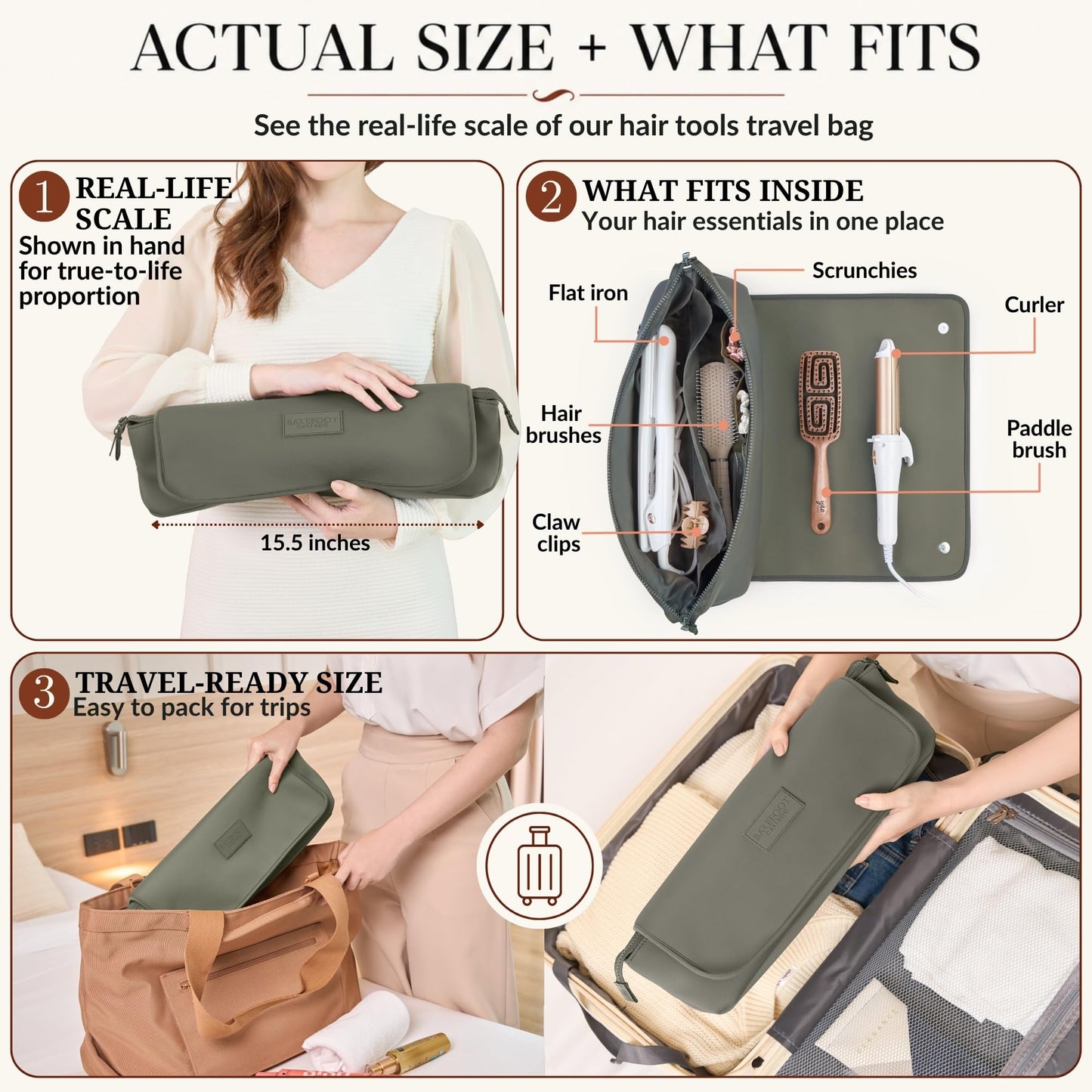 BAREFOOT CARIBOU Hair Tools Travel Bag and Heat Resistant Mat (15.5") for Flat Irons, Straighteners, Curling Iron, Haircare Accessories, 2-in-1 design, Interior Pockets, Portable Organizer (Olive)