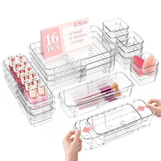 DILIBRA 16 Pcs Clear Extendable Drawer Organizer, Adjustable Drawer Storage 3-Size Desk Drawer Organizer, Plastic Non-Slip Storage Bins for Makeup, Cosmetic, Jewelries, Utensils, Stationery, Dressers