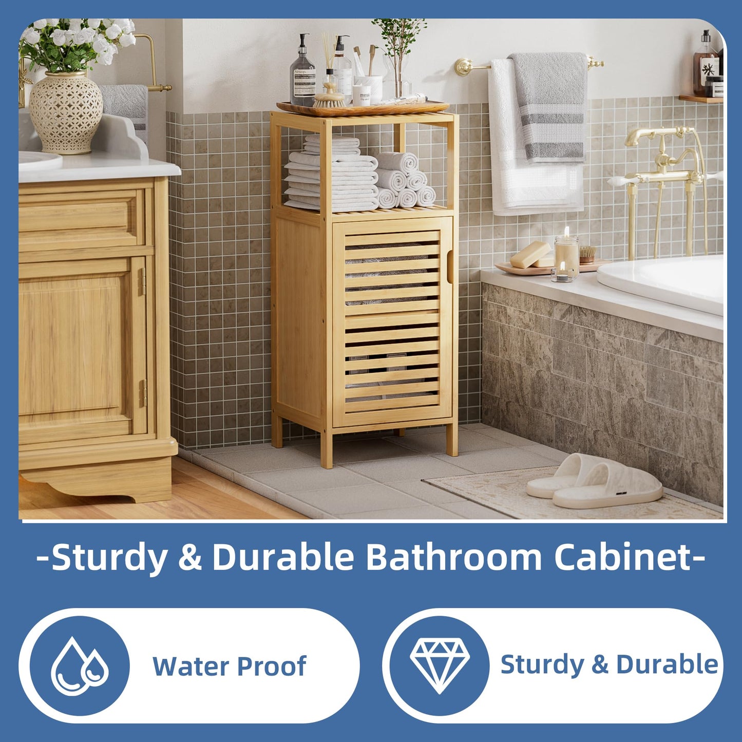 HITNET Bathroom Cabinet Freestanding, Small Bamboo Floor Cabinet, 4 Tier Single Door Sofa Side Table Storage Organizer, Space Saving Kitchen Cupboard, Natural