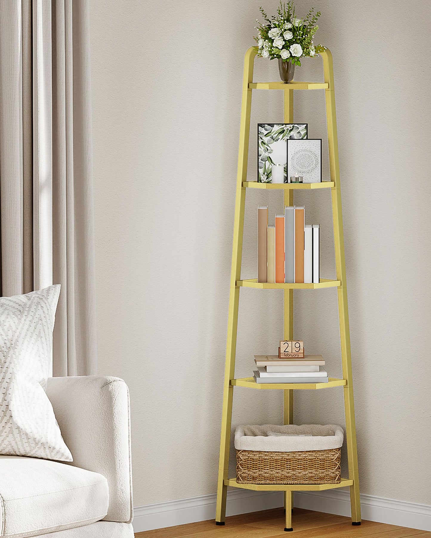 CHOEZON 5-Tier Corner Shelf, 59.6” Corner Storage Stand, Floorstanding Dispaly Rack, Tempered Glass Corner Bookshelf, Open Plant Stand, for Living Room, Bedroom, Study, Bathroom, Gold TCJ21GJ