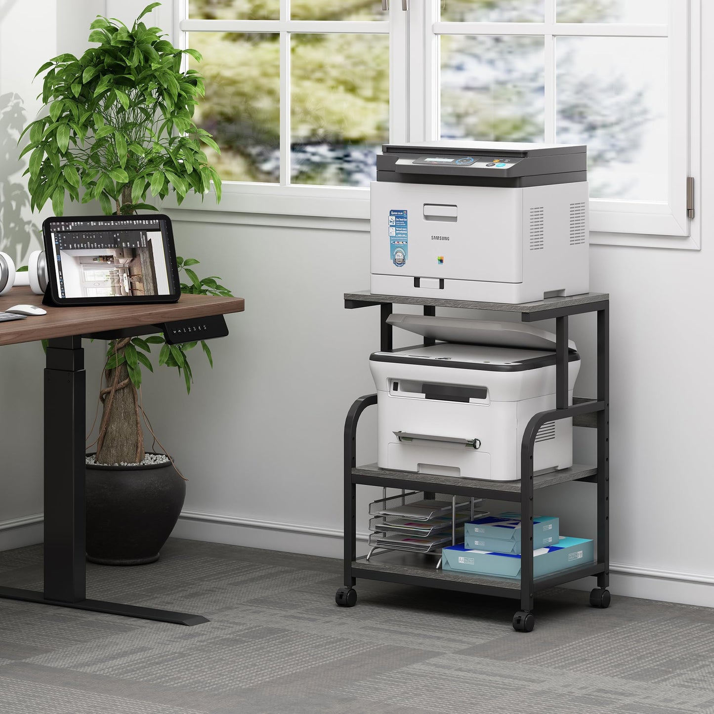 Fannova Printer Stand with Height Adjustable Storage Shelf, 3 Tier Mobile Printer Table with Wheels, Rolling Printer Cart for Home Office Organization, Gray