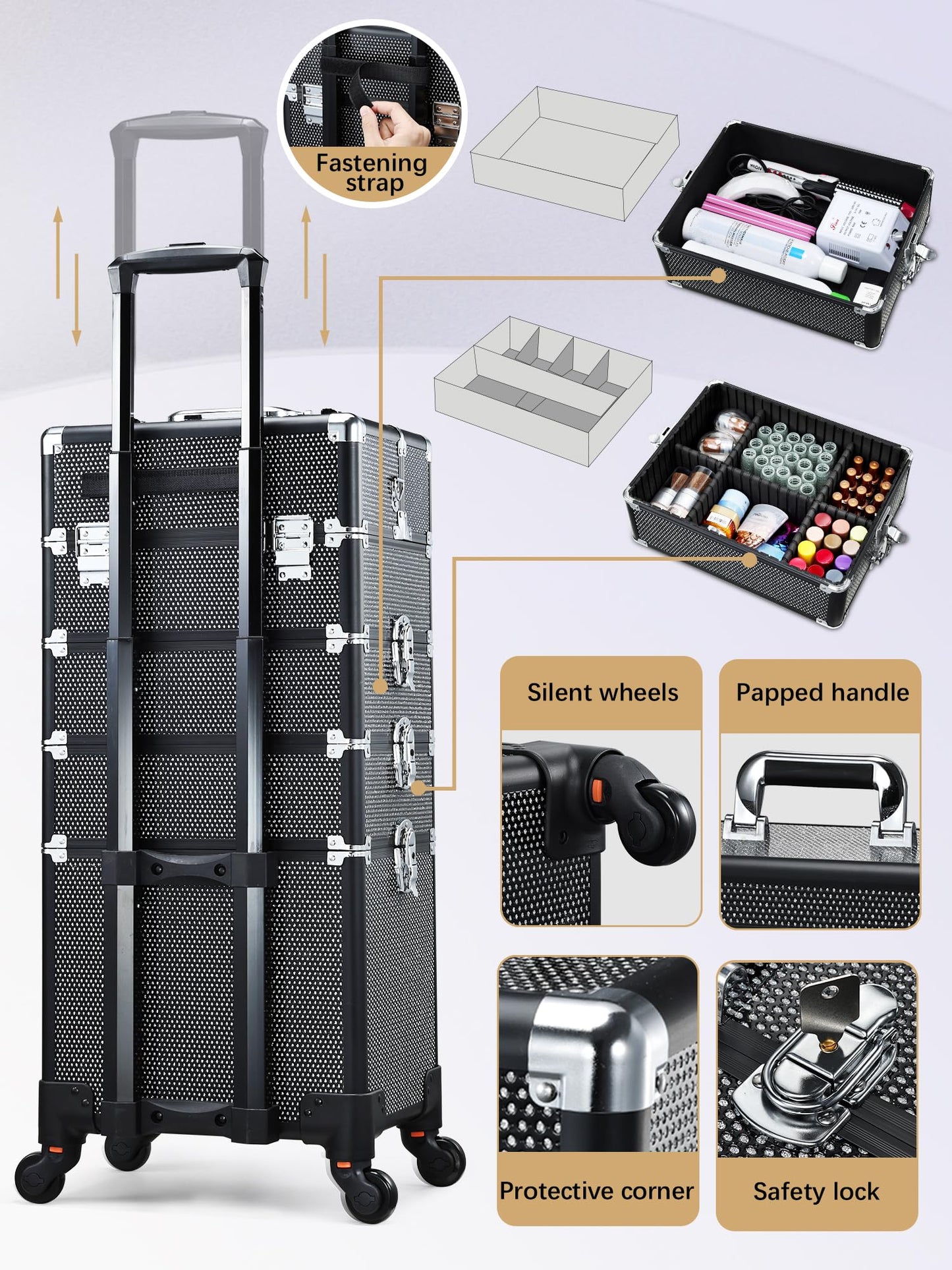 Costravio 5 in 1 Rolling Makeup Case on Wheels Large Cosmetology Case Organizer Beauty Cosmetic Train Case Travel Nail Cart for Make-up Studio Hair Salon, Black Rhinestone