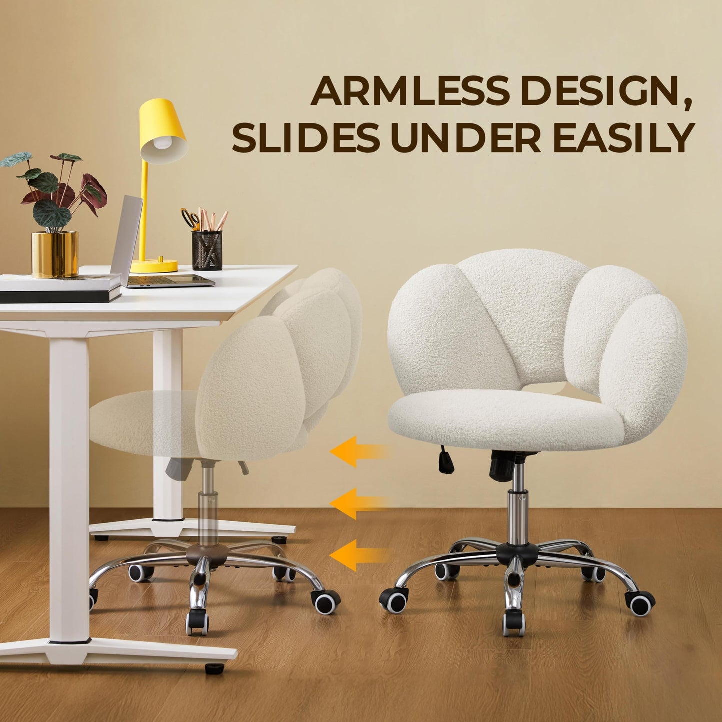 Yaheetech Boucle Upholstered Desk Chair Cloud-Shaped Vanity Chair Adjustable Home Office Computer with Rolling Wheels for Living Room, Bedroom White