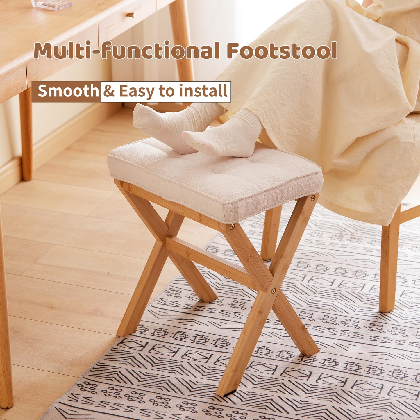 FILWH Foot Stool Small Ottoman Foot Rest Padded Foot Stool Desk for Under Office Desk Vanity Stool Bamboo Footstool Sofa Footrest Shoe Stool Small Foot Stools (Natural Legs + Beige)