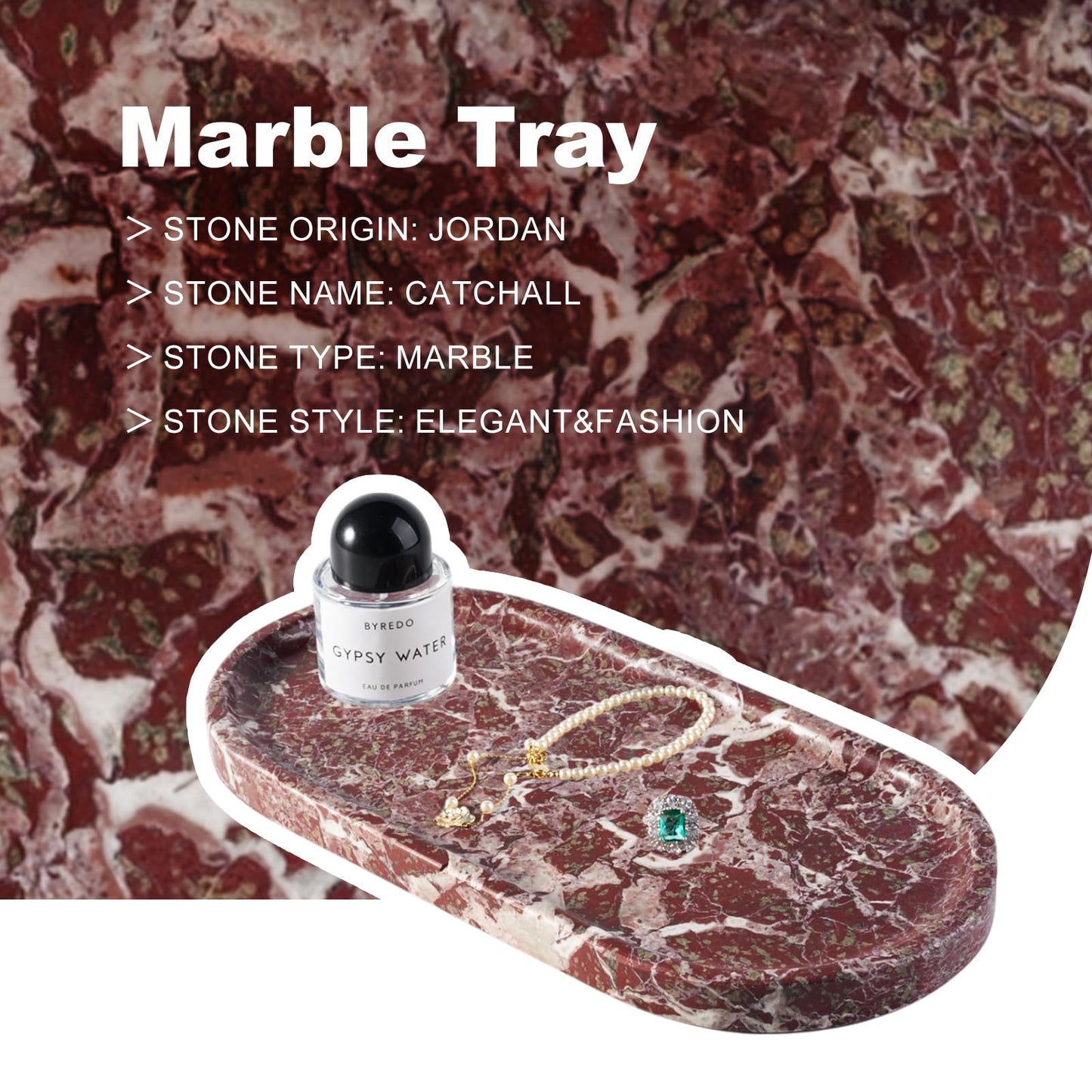 Koville Norway Natural Marble Tray, 12"x6" Vanity Decorative Tray for Countertop, Catchall Tray for Perfume, Candles, Jewelry Dish