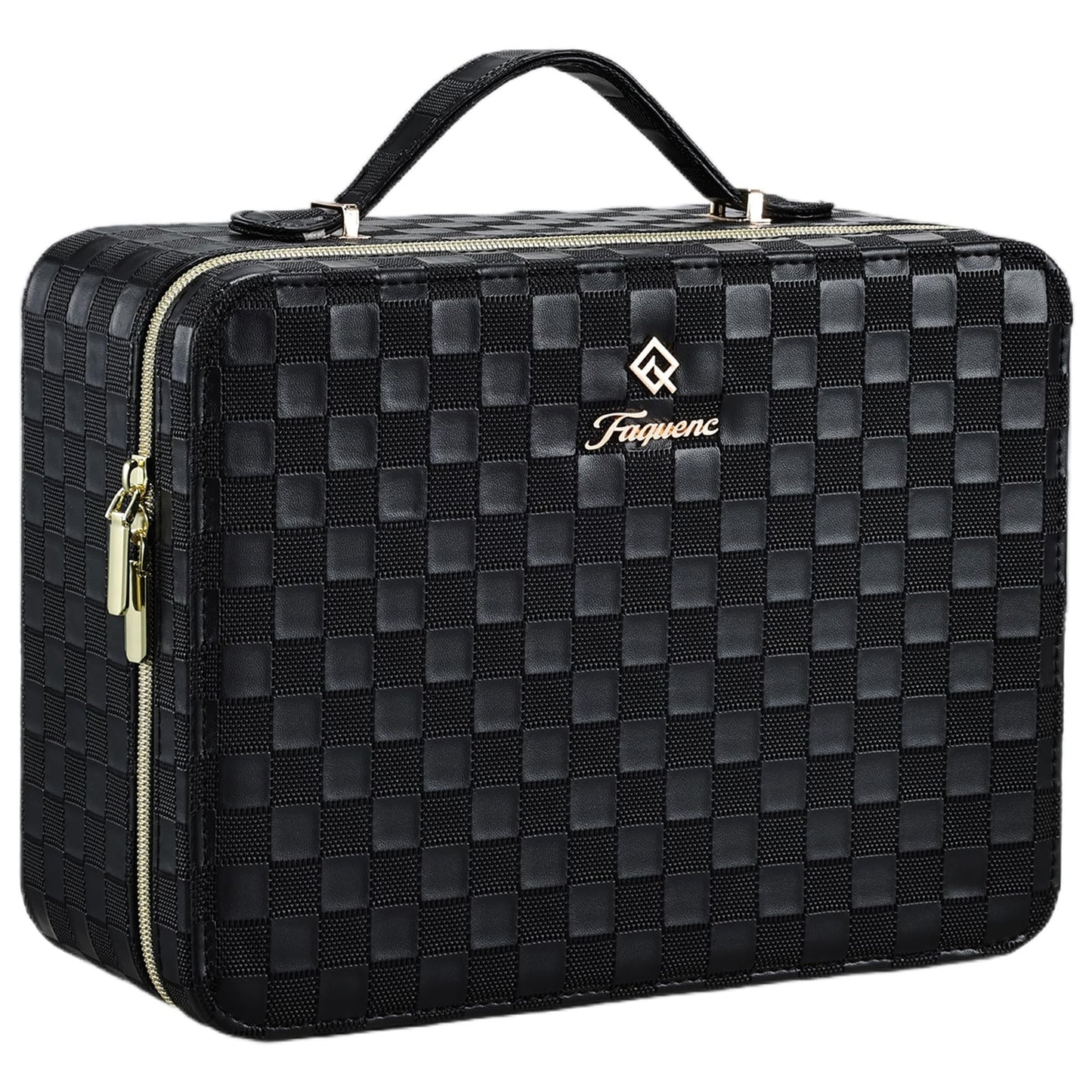 Leather Makeup Case with LED Lighted Mirror 11.4 Inch Travel Makeup Bag Adjustable Brightness in 3 Colors Cosmetic Organizer Artist Storage Bag with Dividers Brush Holder Bag Vanity Black Checkerboard