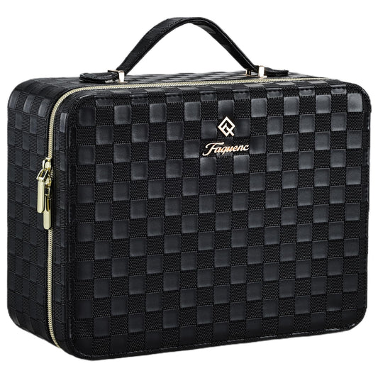 Leather Makeup Case with LED Lighted Mirror 11.4 Inch Travel Makeup Bag Adjustable Brightness in 3 Colors Cosmetic Organizer Artist Storage Bag with Dividers Brush Holder Bag Vanity Black Checkerboard
