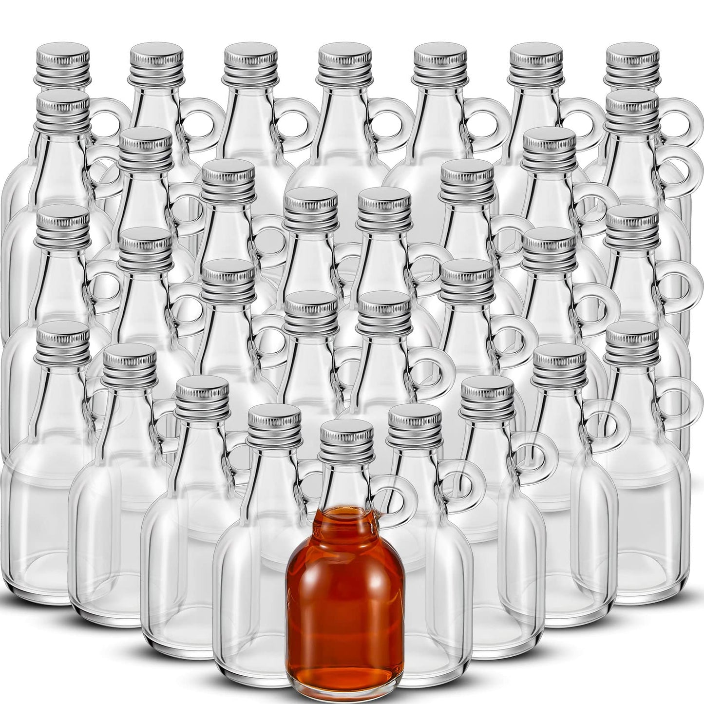Suclain 32 Pcs 1.7oz Mini Glass Syrup Bottles Small Syrup Jars with Loop Handle and Lids Clear Glass Reusable Maple Jars Container Stout Sample Bottle for Potion Juice Milk Storage Sauce Oil