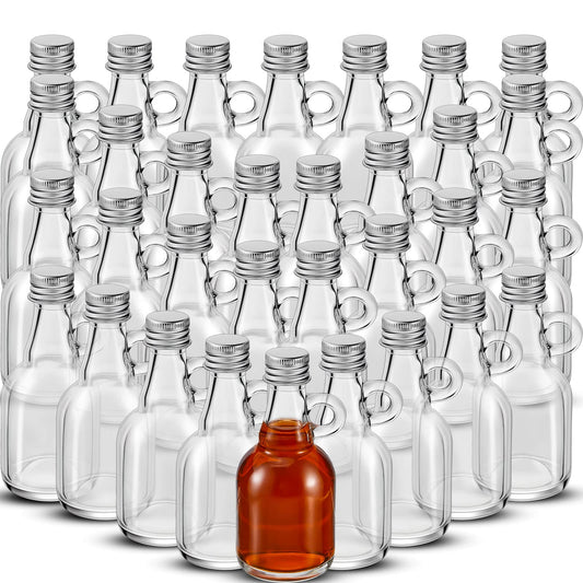 Suclain 32 Pcs 1.7oz Mini Glass Syrup Bottles Small Syrup Jars with Loop Handle and Lids Clear Glass Reusable Maple Jars Container Stout Sample Bottle for Potion Juice Milk Storage Sauce Oil