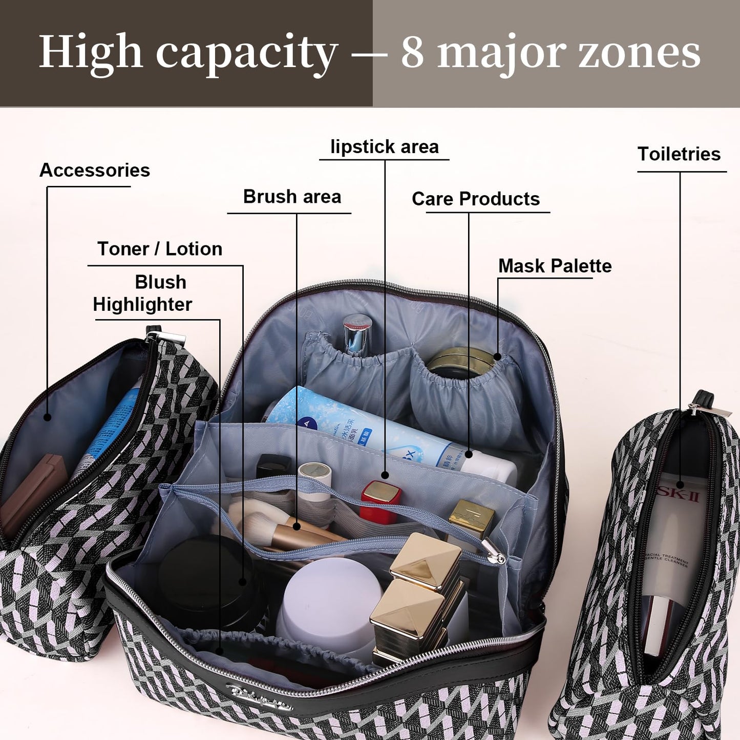BOYATU Travel Makeup Bags for Women: Large Capacity Cosmetic Bag Set of 3 - Vegan Leather Make up Bags with Compartments - Wide Open Waterproof Toiletry Organizer Bag with Handle (P-04-Black)