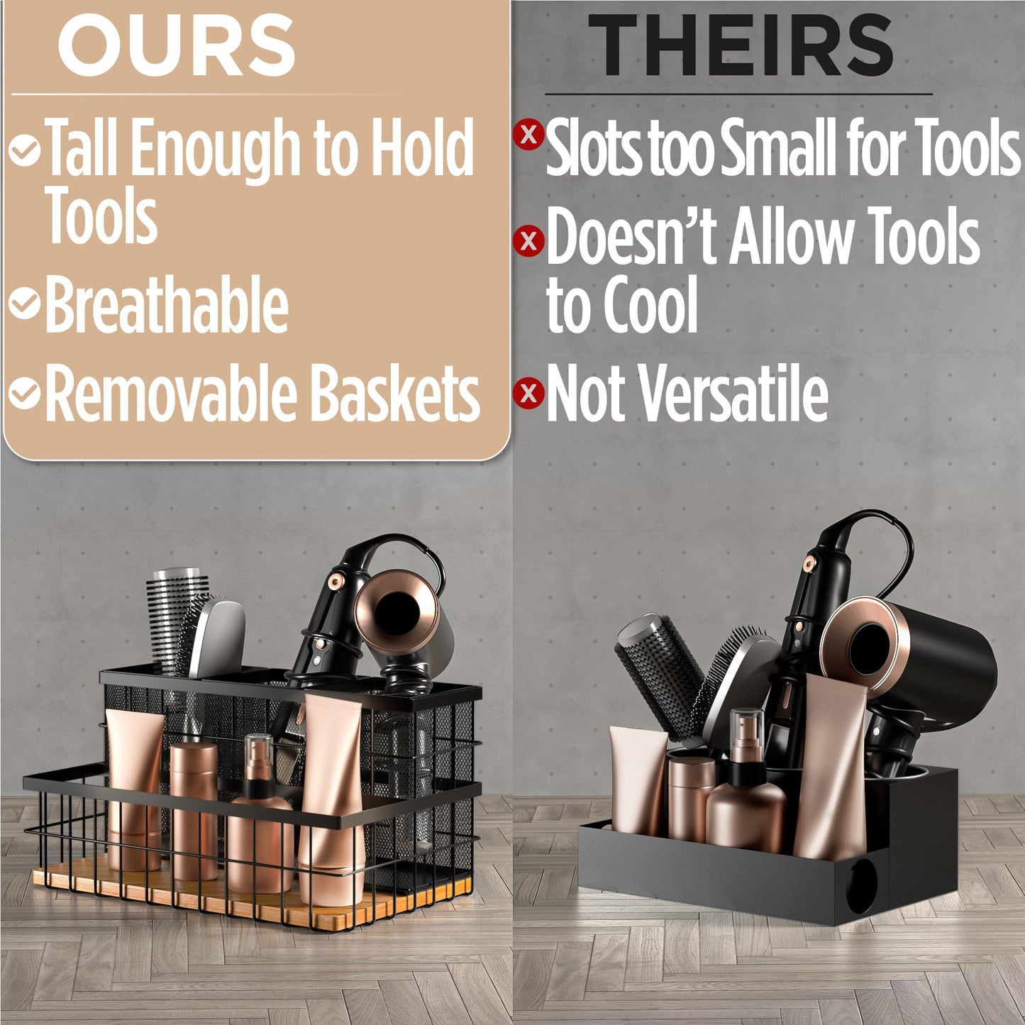 HB Design Co. Hair Tool Organizer - Countertop & Under Sink - Breathable Metal & Bamboo - Hot Hair Tools Organizer - Black