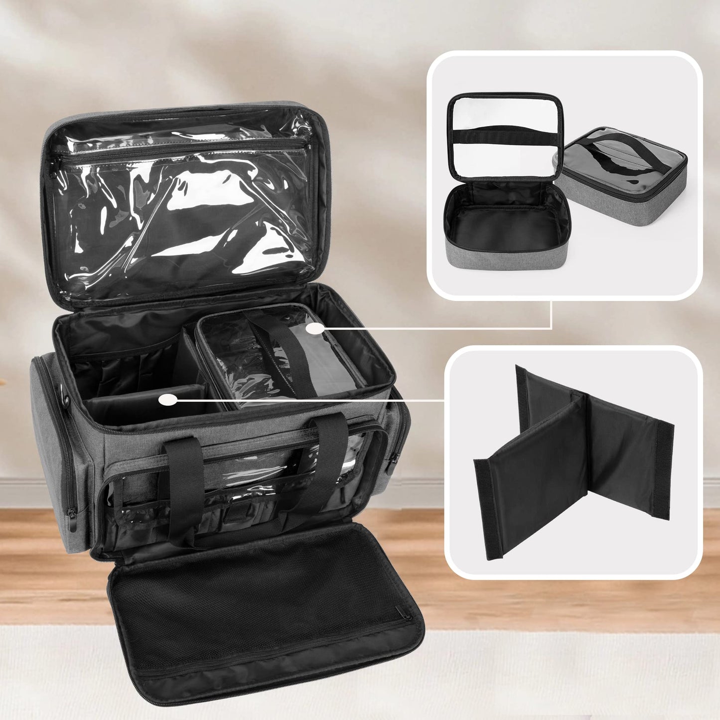 BAFASO Large Makeup Bag with 2 Removable Pouches and Detachable Dividers, Multifunctional Toiletry Bag Cosmetic Bag to Keep Makeup and Hair Supplies (Patent Pending), Gray