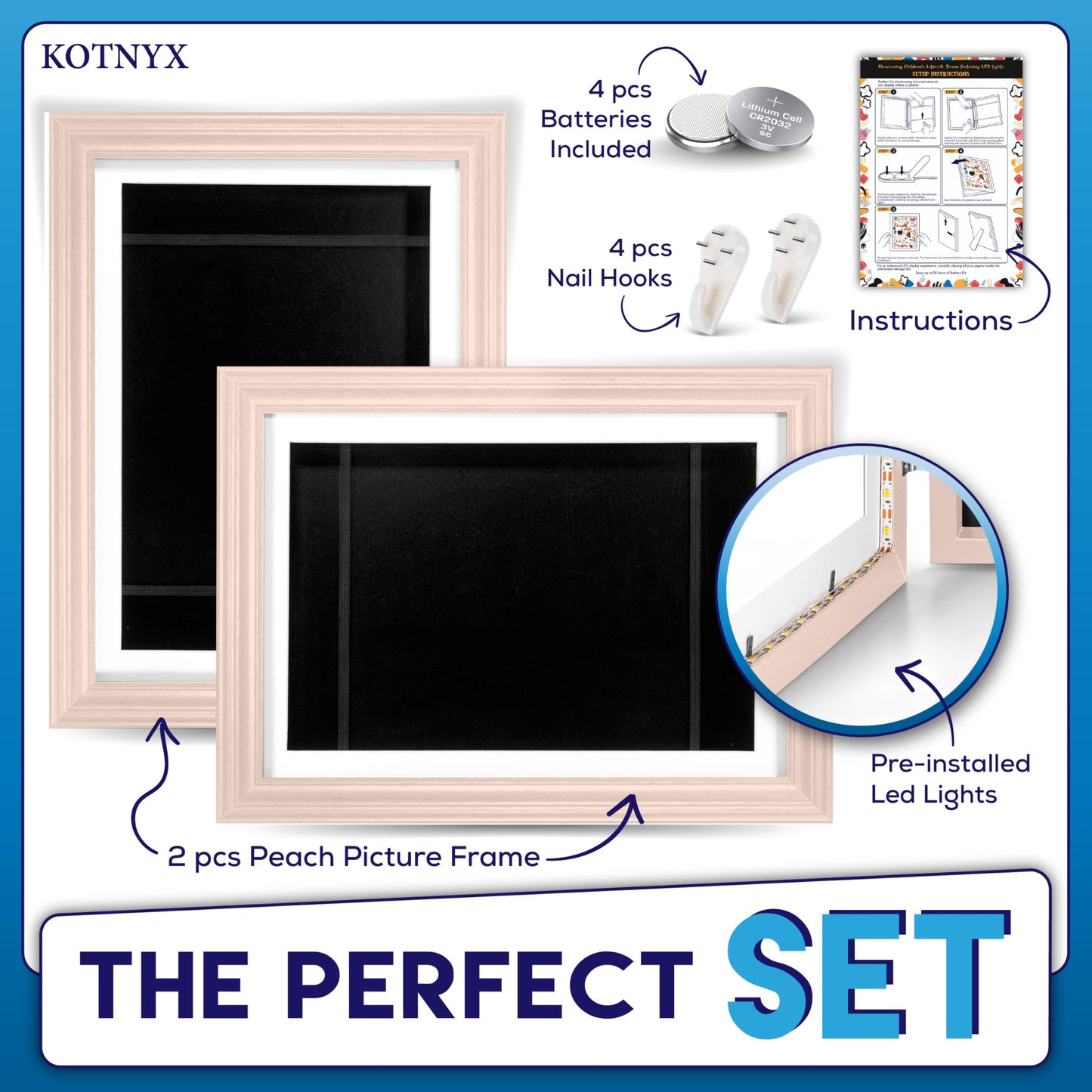 KOTNYX LED Light Kids Artwork Frame - Front Opening Kids Art Display Picture Frame, Holds 100 Pictures, MDF & Shatter-Resistant Glass, Standing Frame/Wall Hanging,13.3x10, Mat 11.6x8.3 - Peach